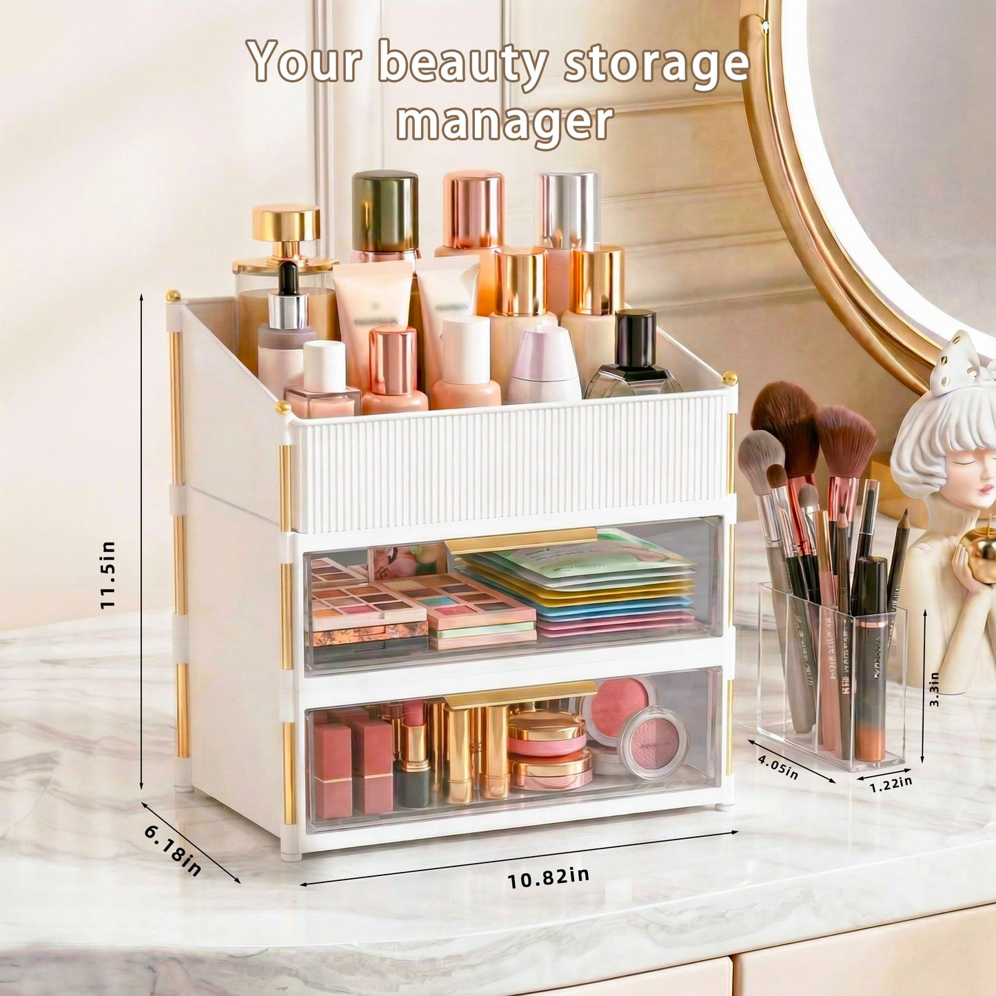 Asdbko Large Capacity Makeup Organizer Countertop with Brush Holder, Vanity Skincare Perfume Storage Box for Bathroom, Mother's Day Birthday Anniversary Teen Girl Gifts for Women Mom