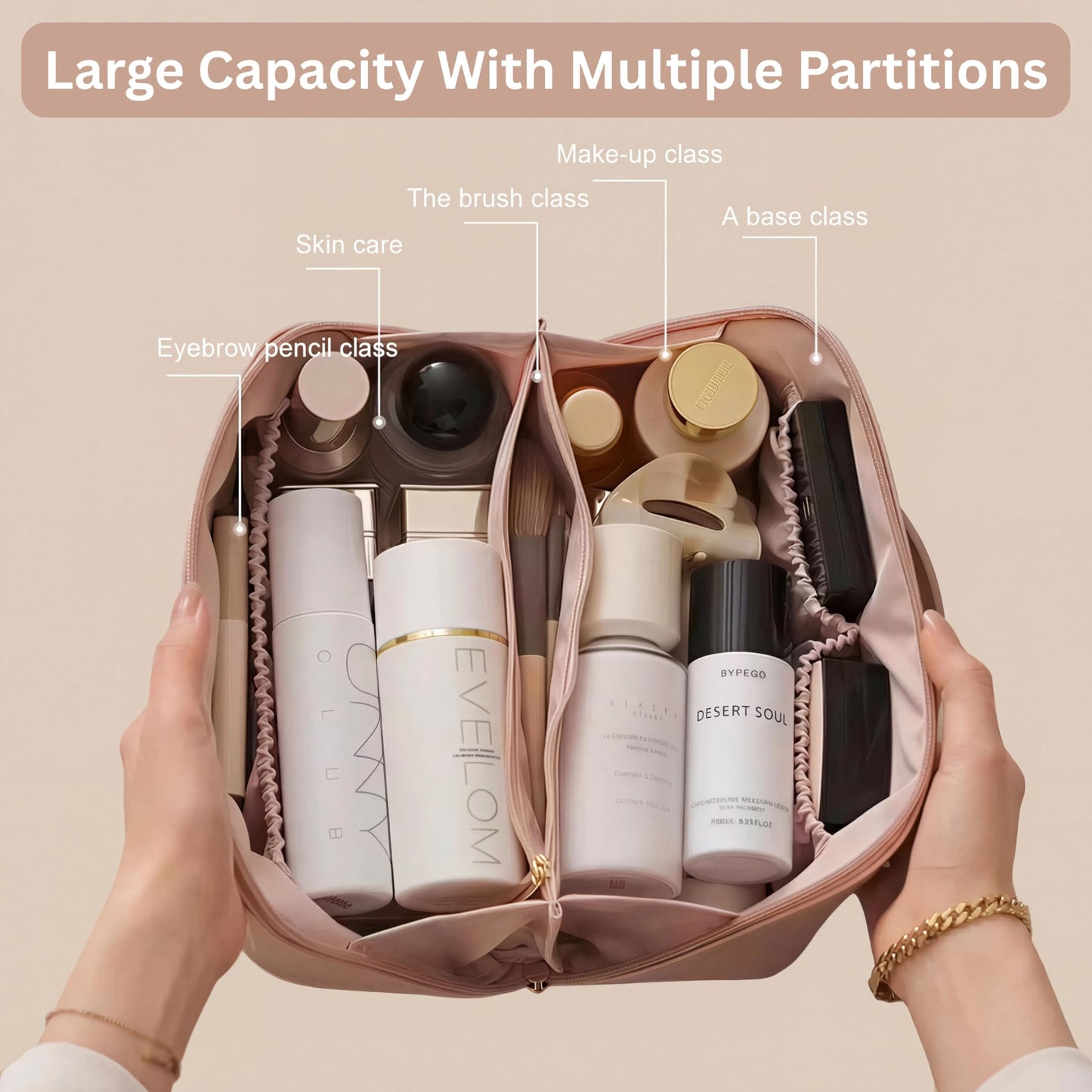 BAGORA Large Capacity Travel Makeup Bag for Women, Waterproof Cosmetic & Toiletry Organizer with Wide Opening, Clear Divider, Brush Holder and Handle (Pink)