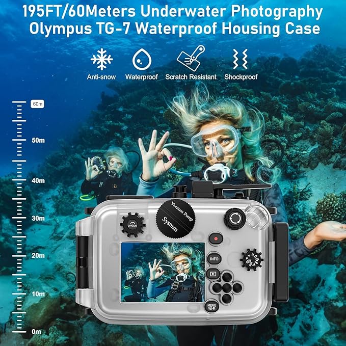 Sea frogs Camera Housing Compatible with Olympus TG7 with Wide-Angle Lens and Red Filter, Waterproof IPX8 Rated, 60m/197ft Depth Protection Underwater Camera Case, Black