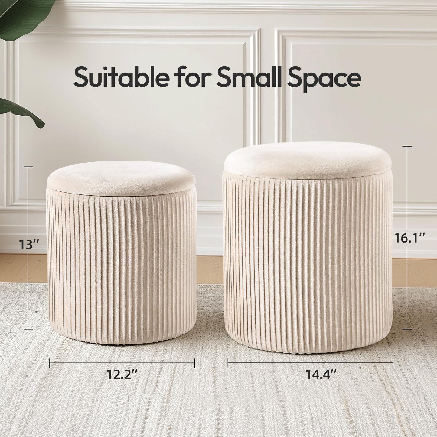 NicBex Round Ottoman with Storage Set of 2, Velvet Foot Stools, Multifunctional Upholstered Vanity Stool, Padded Storage Ottoman for Living Room & Bedroom, Beige
