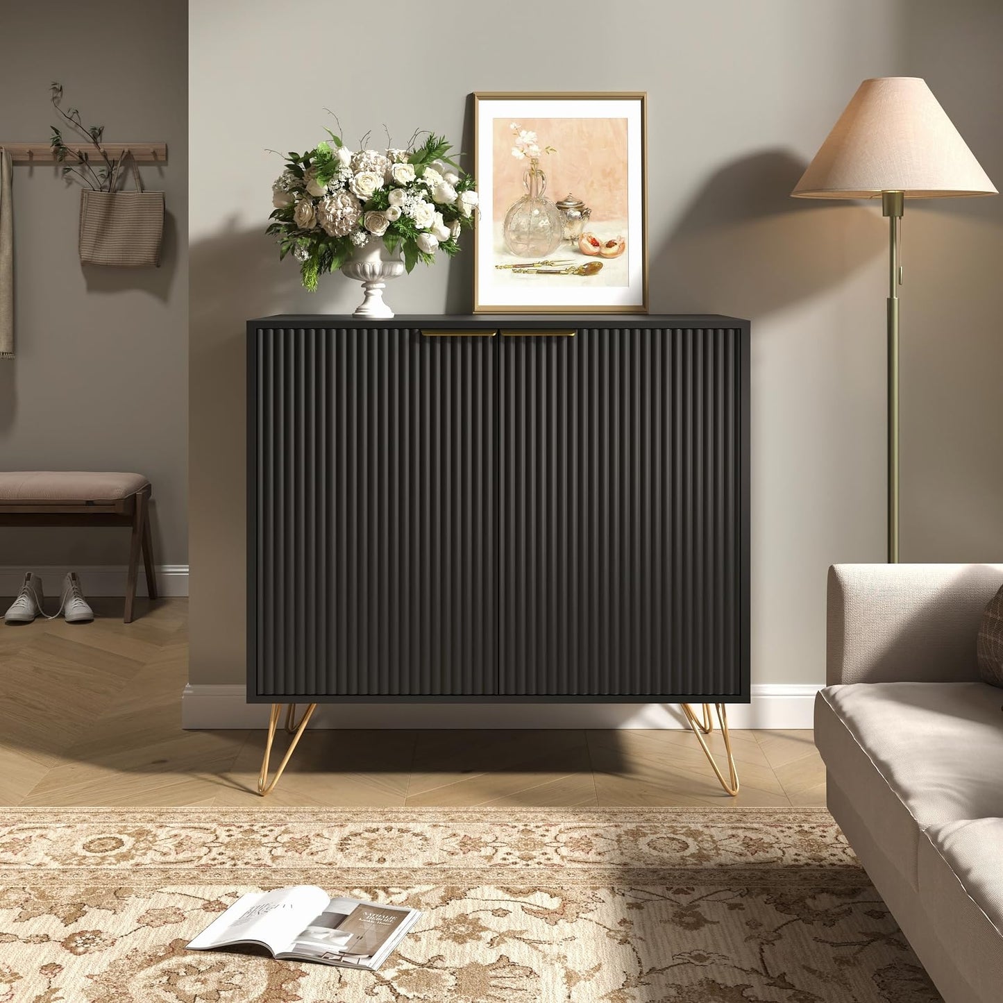 Sscaktu Fluted Storage Cabinet, 2 Doors Sideboard Buffet Cabinet, Modern Wood Accent Table with Adjustable Shelves, Console Table for Living Room, Hallway, Entryway, Black