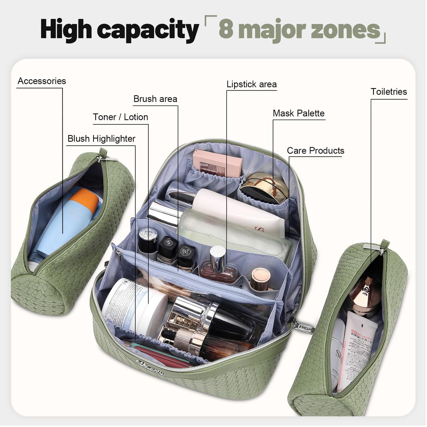 BOYATU Travel Makeup Bag Cosmetic Bags for Women: Large Capacity 3 Pcs Set Make up Bag with Compartments - Waterproof Vegan Leather Toiletry Organizer Bags with Handle (L51Grass Green)