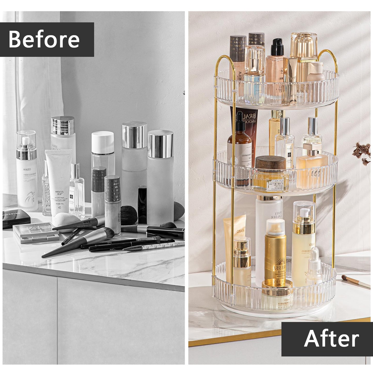 shuang qing Rotating Makeup Organizer for Vanity, Large Capacity Skincare Perfume Storage, Bathroom Counter Organizer, 360 Spinning Cosmetic Dresser Countertop Organizers (Clear, 3 Tier)