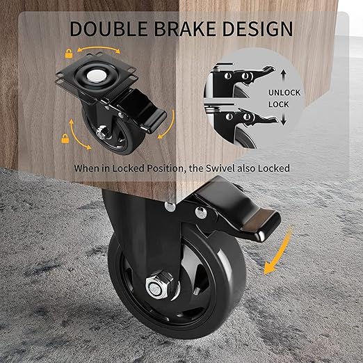 3 Inch Caster Wheels Heavy Duty with Brake, Casters Set of 4, Castors 1000 Lbs, Locking Industrial Swivel Top Plate Casters Wheels for Furniture and Workbench Cart(Two Hardware Kits Include)