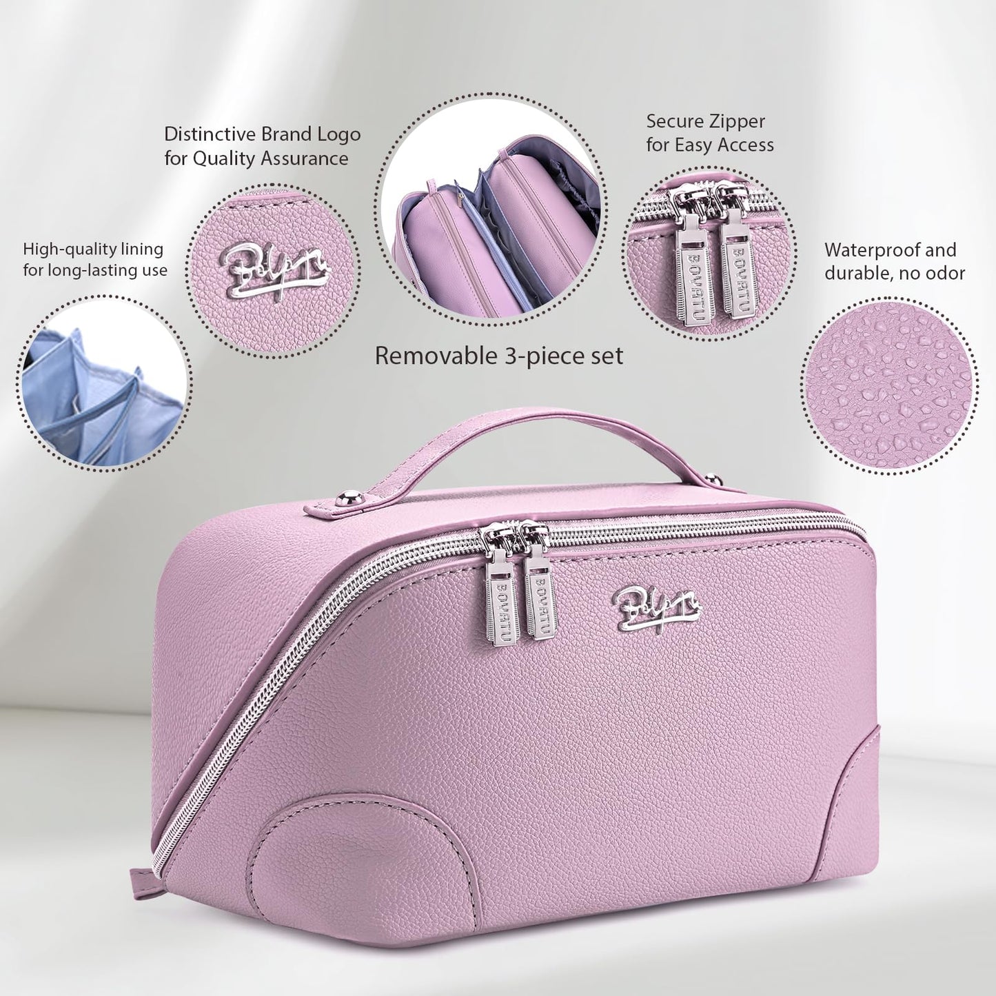 BOYATU Travel Makeup Bag Cosmetic Bags for Women: 3 Pcs Set Large Capacity Make up Bag with Handle - Waterproof Vegan Leather Toiletry Bags Travel Essentials with Compartments(C-4-Purple)