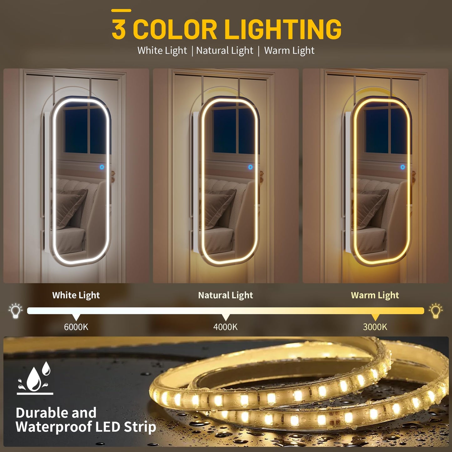 LVSOMT LED Mirror Jewelry Cabinet, Wall/Door Mount Jewelry Mirror Organizer, Rounded Full Length Mirror with Storage, Lockable Jewelry Armoire, 16" Wide, Foldable Shelf, Interior Mirror, White