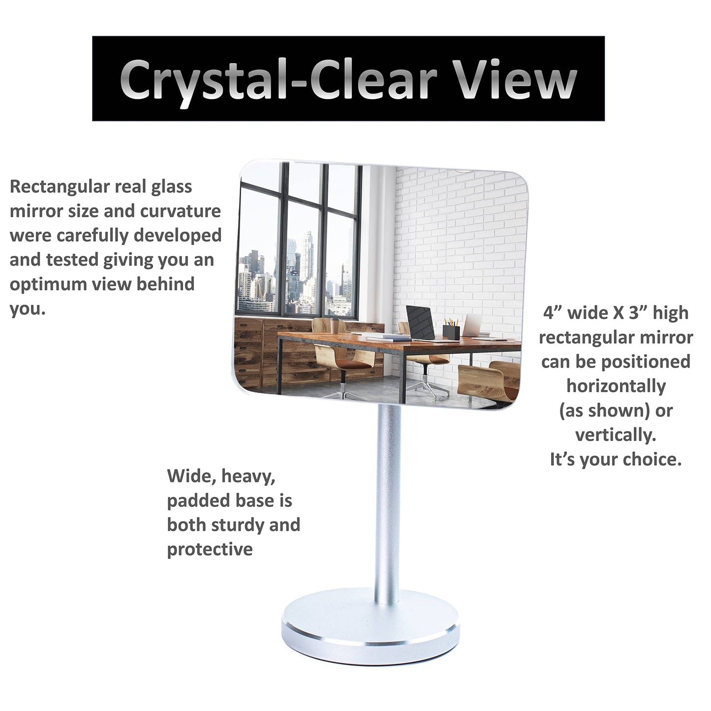 WatchYrBack Desk and Cubicle Mirror to See Behind You, Silver Stand with Detachable Wide Angle Real Glass Mirror, Small & Discrete, Beautiful Design, Perfect Curvature for an exceptionally Clear View