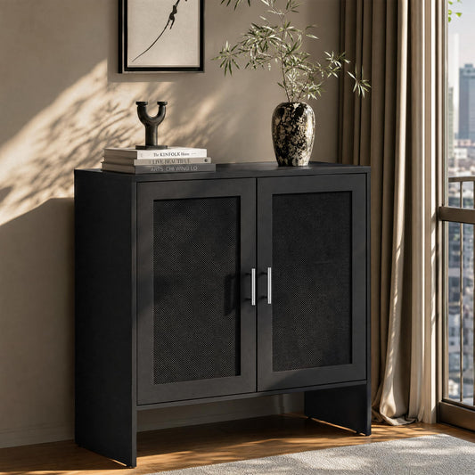 DHZ Buffet Cabinet with Storage, Farmhouse Sideboard with Black Rattan Doors & Adjustable Shelf, 31.5" Narrow Coffee Bar Cabinet, Kitchen Storage Credenza, Entryway Accent Liquor Cabinet