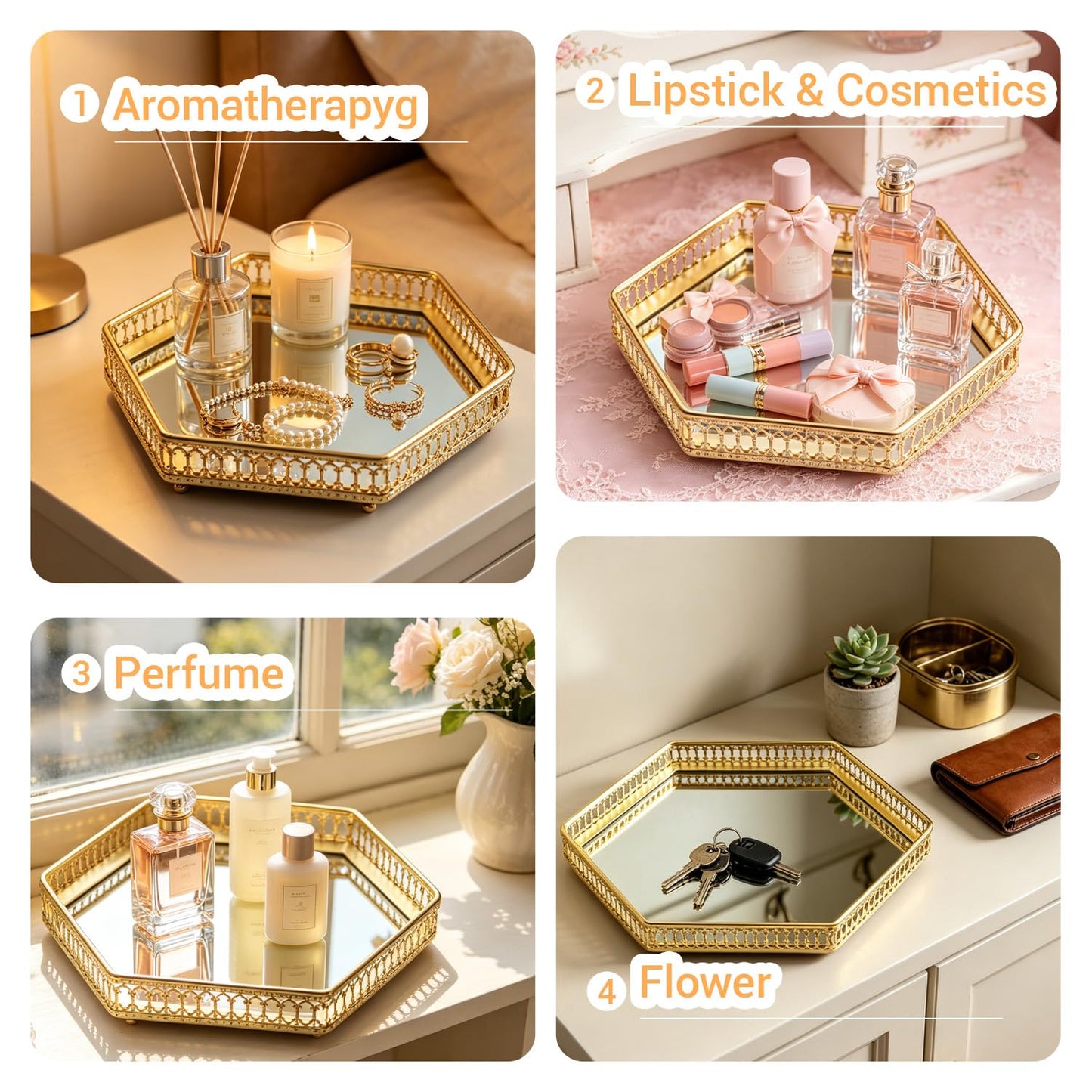 Perfume Organizer, Gold Mirror Perfume Tray, Decorative Metal Vanity Tray with Heart Cutouts, Jewelry Makeup Cosmetic Display Tray for Bathroom Dresser Bedroom Living Room (S, Hexagonal)