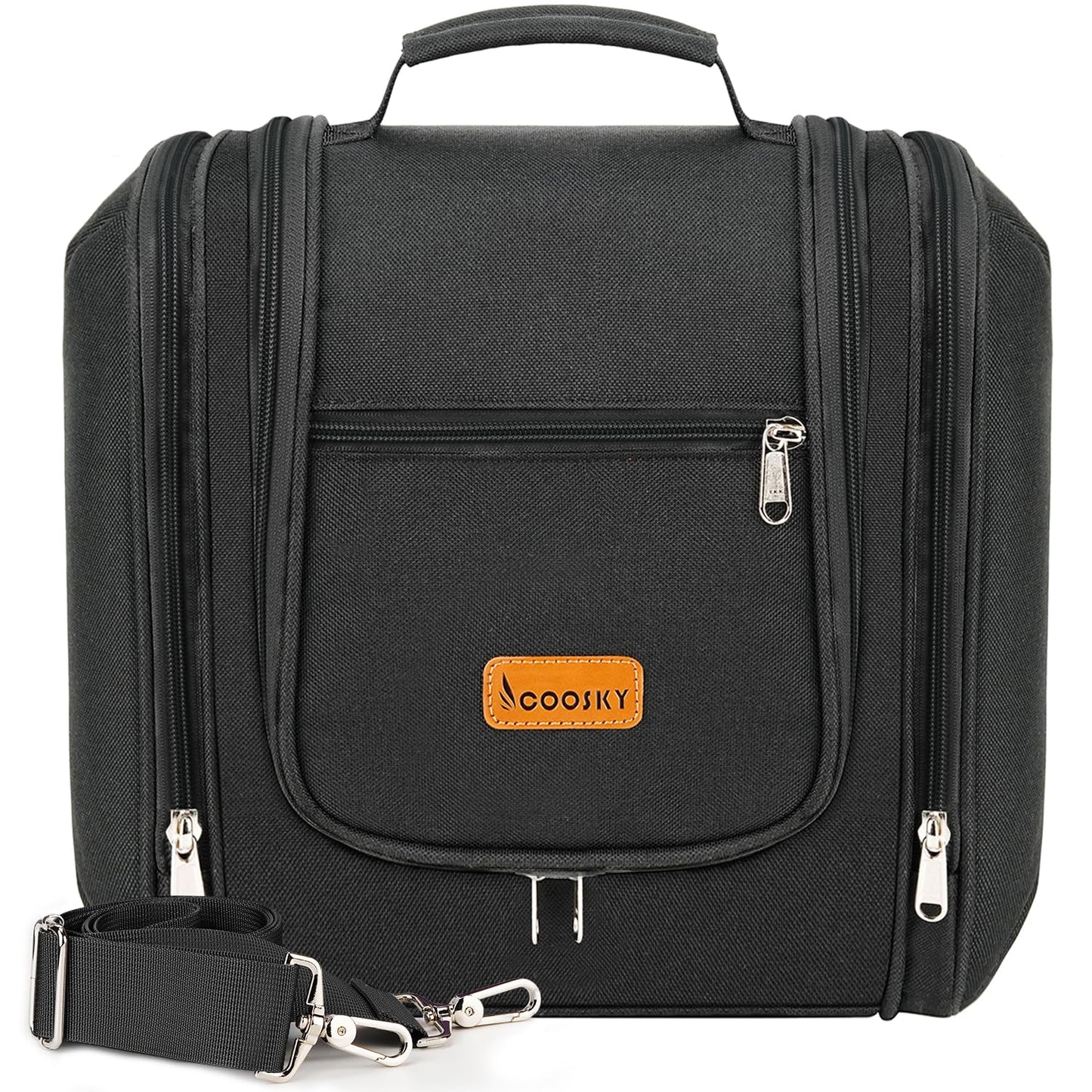 Travel Hanging Toiletry Bag for Women and Men, 6 Organizer Compartments, Holds Full Size Bottles, Extra Large Cosmetic Accessories, Makeup essentials, Bathroom Water-resistant Toiletries Bag, Black