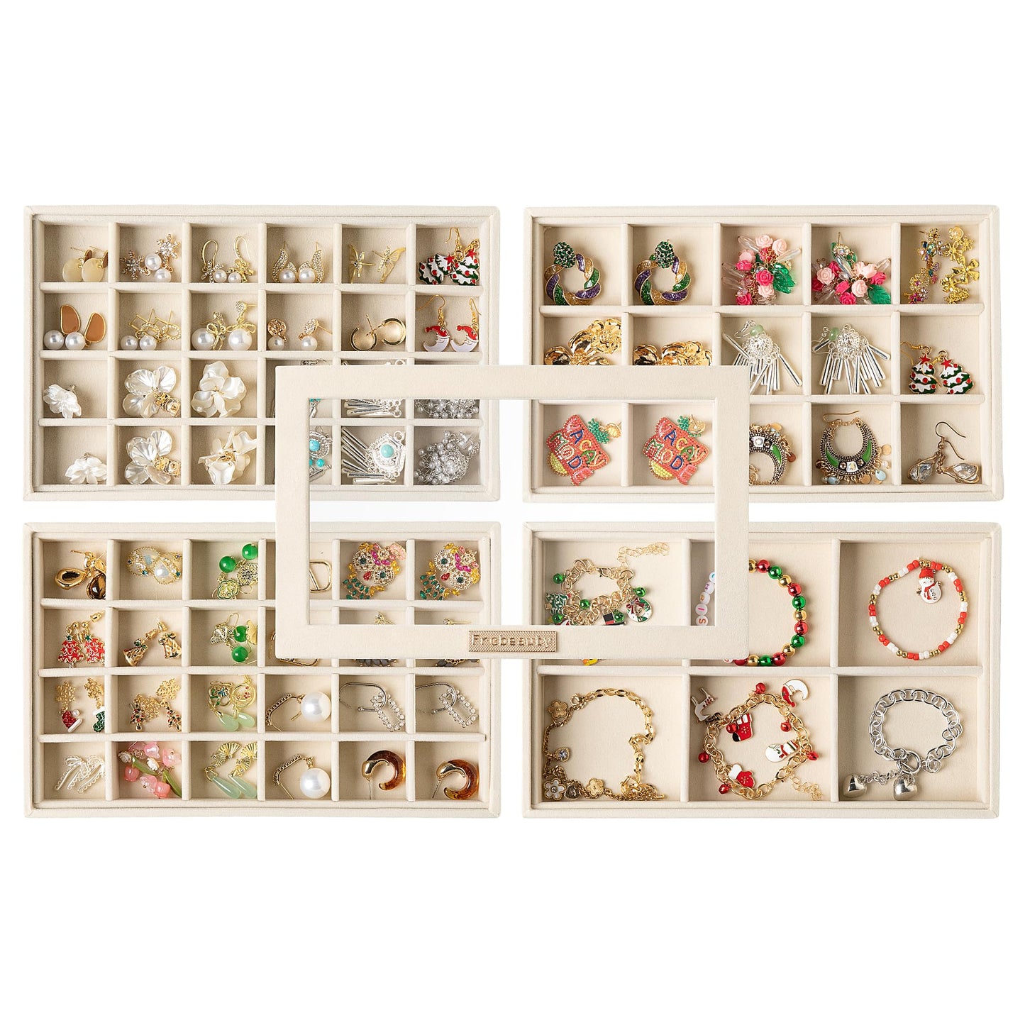 Frebeauty Earring Holder Stackable Jewelry Trays,Velvet Drawer Jewelry Organizer with Glass Lid, 5 in 1 Jewelry Box for Earrings Rings Studs,10.5 x 6.5 x 5.55 Inches Gift for Women (Beige)