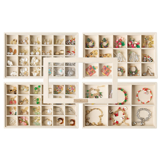 Frebeauty Earring Holder Stackable Jewelry Trays,Velvet Drawer Jewelry Organizer with Glass Lid, 5 in 1 Jewelry Box for Earrings Rings Studs,10.5 x 6.5 x 5.55 Inches Gift for Women (Beige)