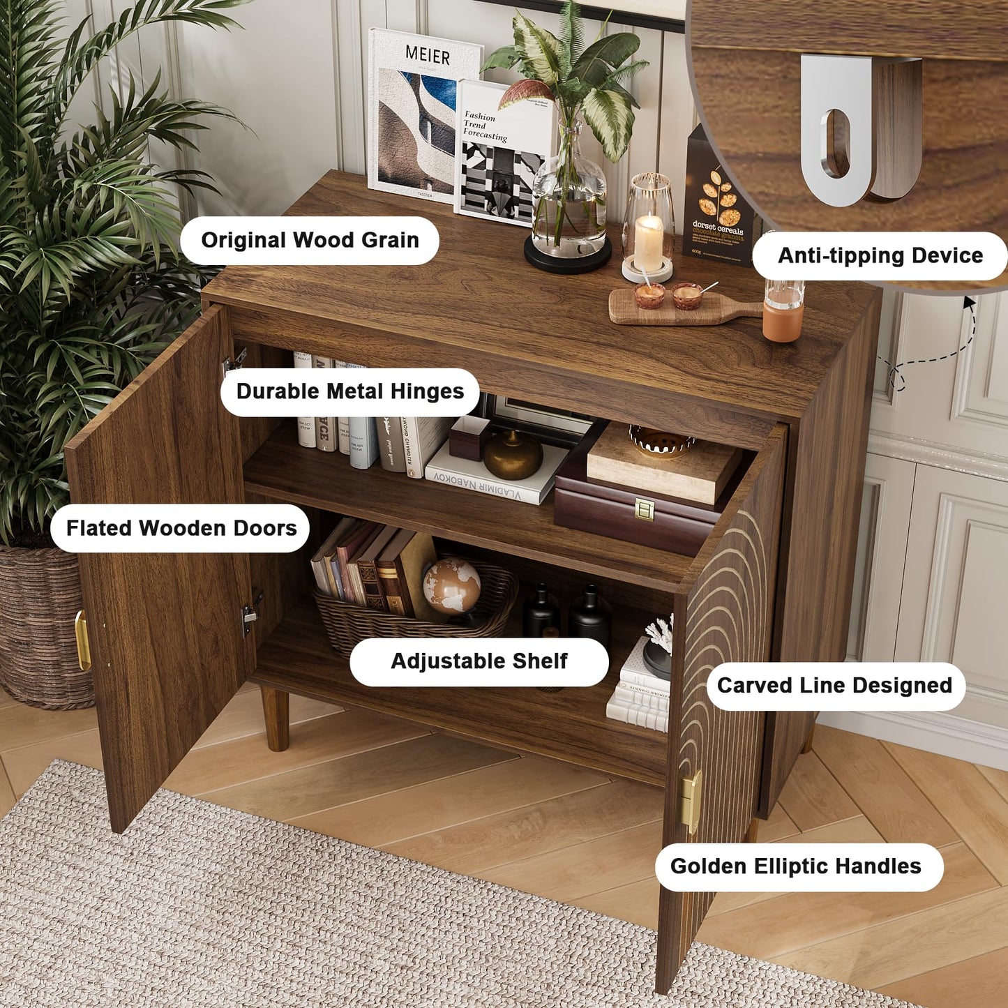 Mino Kesper Sideboard Buffet Cabinet with Storage,Sideboard Buffet with Doors and Adjustable Shelf,Wooden Storage Cabinet, 31.3”W x 15.0”D x 30.6”H (Walnut)