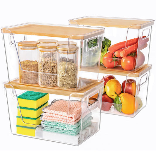 Criusia 4 Set Pantry Organizers and Storage with Bamboo Lids, Stackable Clear Bins for Onion, Potato, Fruit, Vegetables, Trash Bag Dispenser, Kitchen and Under Sink Organizer