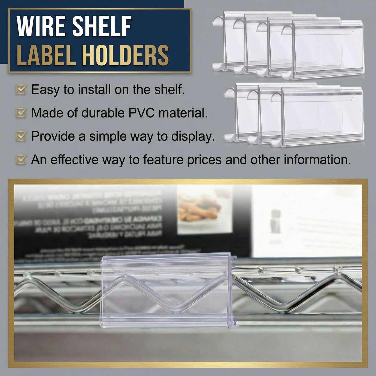 Kathfly 100 Pcs Plastic Wire Shelf Label Holder Tags with Label Paper Inserts Plastic Wire Rack Labels Clips Compatible with Metro 1-1/4 Inch Shelves Labels Area 3in Lx1.25in H