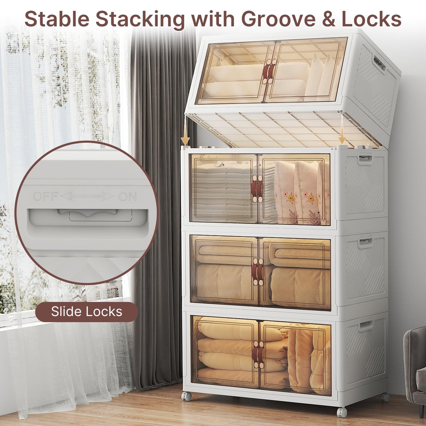 UAMFURI 720QT Stackable Storage Bins with Lids, Extra Large Storage Cabinet with Doors and Wheels, Collapsible Plastic Storage Box for Bedroom Dorm Office Garage