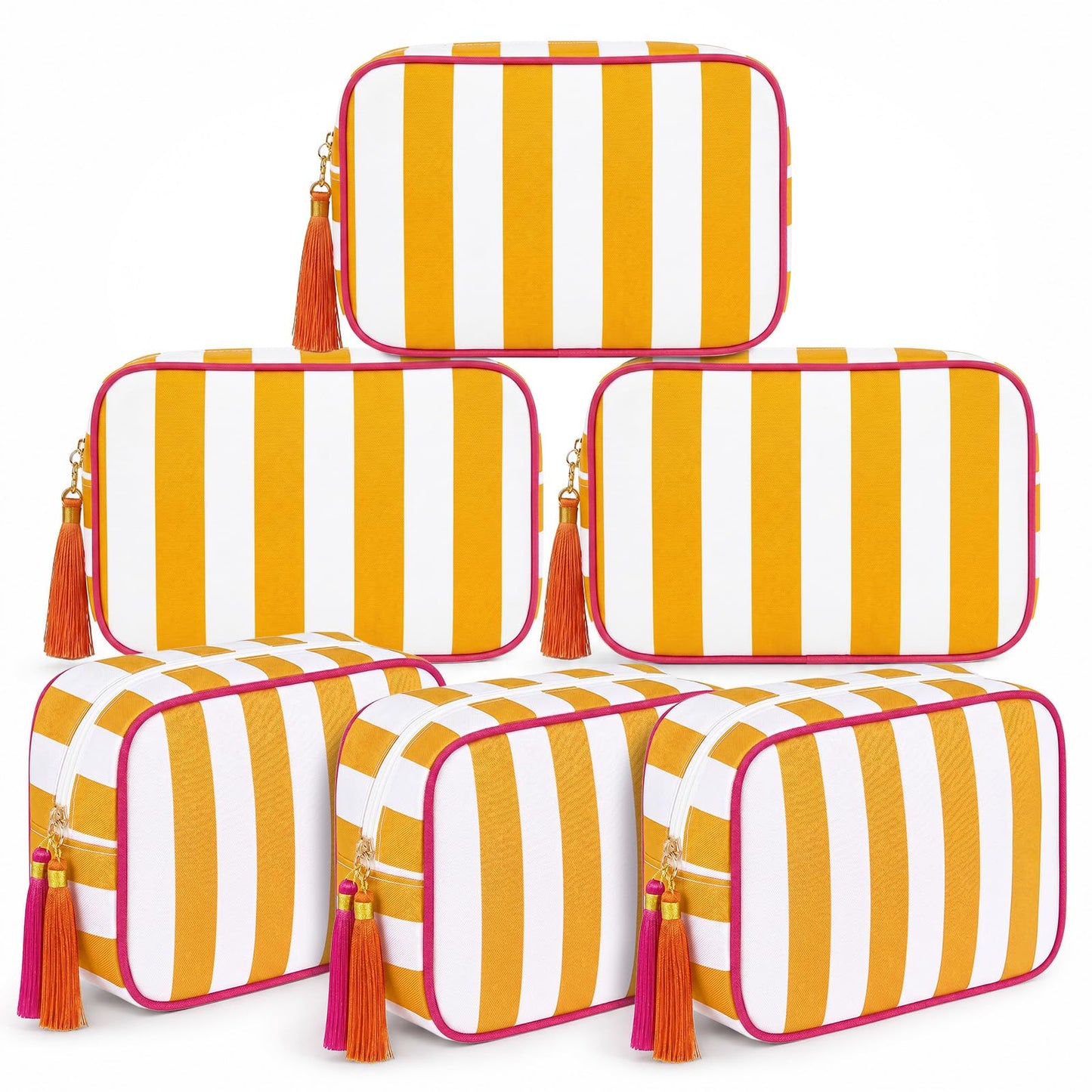 Kacctyen 6 Pack Orange and White Striped Makeup Bag bulk with Tassel Travel Cosmetic Pouch Organizer Large Zipper Toiletry Case for Women Aesthetic Storage Pouch Mahjong Tile Bag