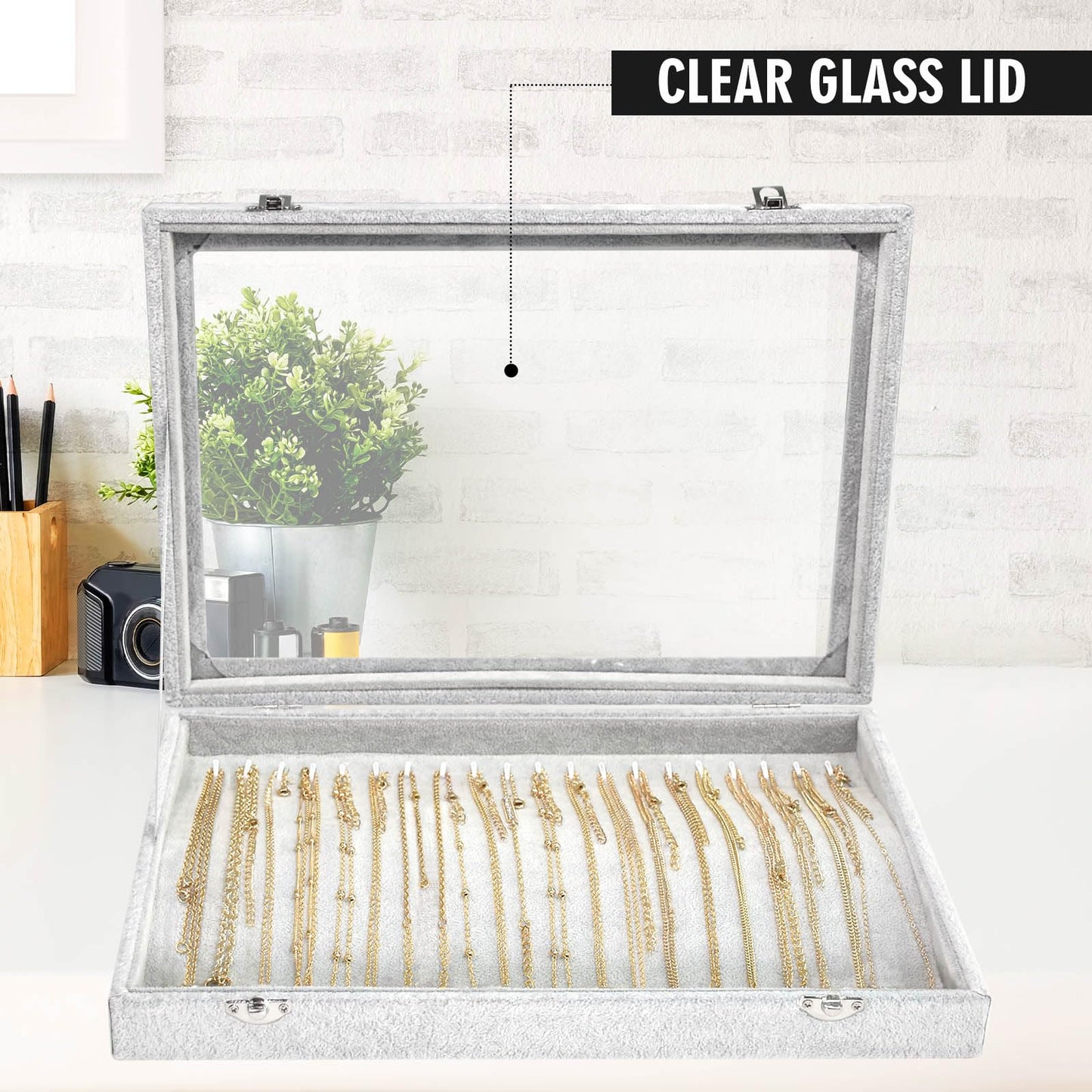 Bivisen Necklace Organizer Box with Clear Lid Velvet Tray for Jewelry Storage Display Case, 20 Hooks Glass Top Drawer Insert Necklaces Pendants Dustproof Necklace Jewelry Box Organizer & Tray (Grey)