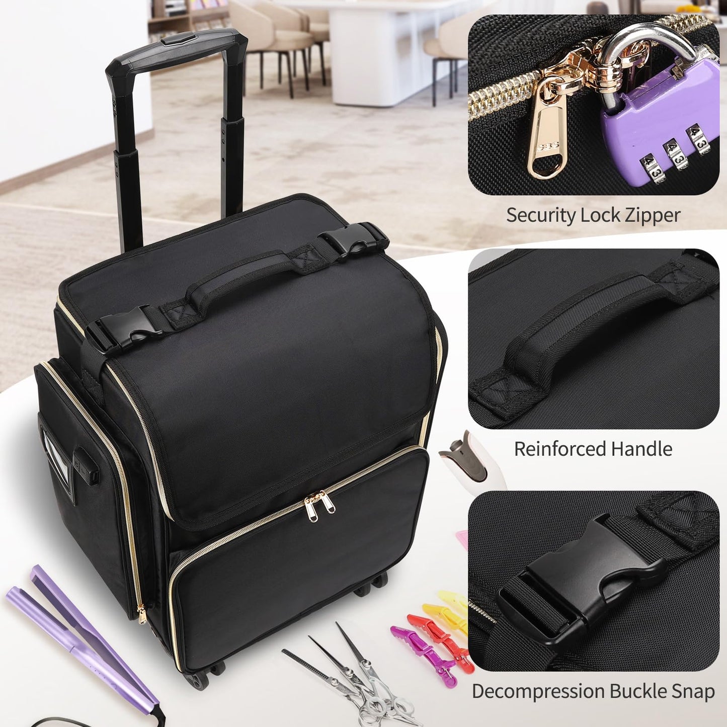 Large Makeup Train Case for Hairstylists & Hairdressers - Cosmetic Organizer with Detachable Pouch, Heat-Insulated & Anti-Scald Full Layer, Hairdressing Tool Storage Trolley with 4 360 Swivel Wheels