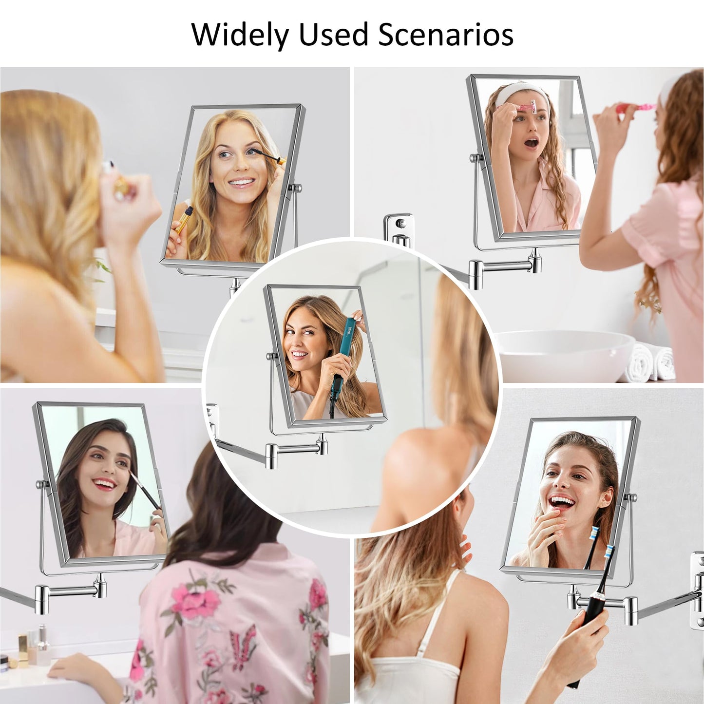QiMH 3X Magnifying Wall Mounted Vanity Makeup Mirror | Rectangular 8x6 Inch with Extendable Arm | Polished Chrome Finish Double-Sided Swivel Mirror