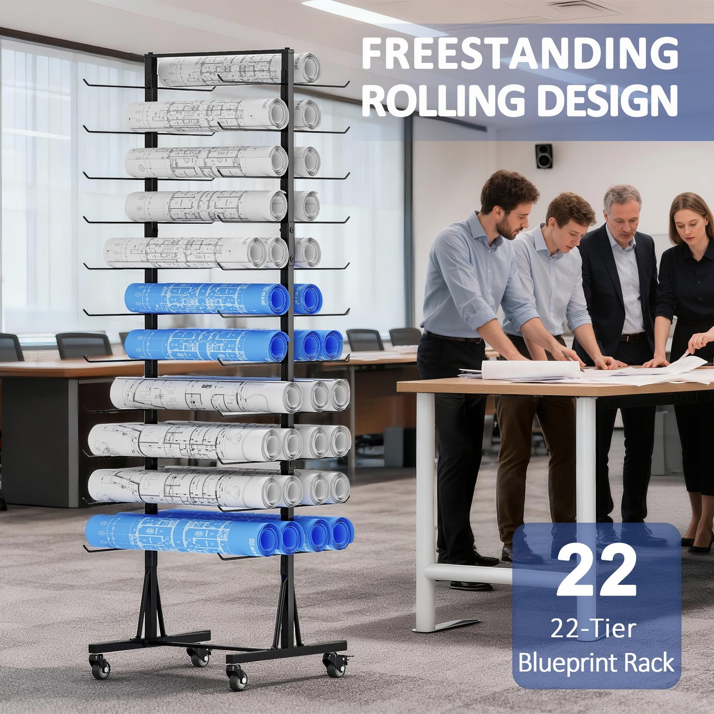 Rolling Large Blueprint Holder, 22 Tier Blueprint Storage Rack, Metal Vinyl Roll Storage Rack, Construction Plan Holder, Gift Wrapping Paper Organizer, Blue Print Display for Drawing, Artwork, Map