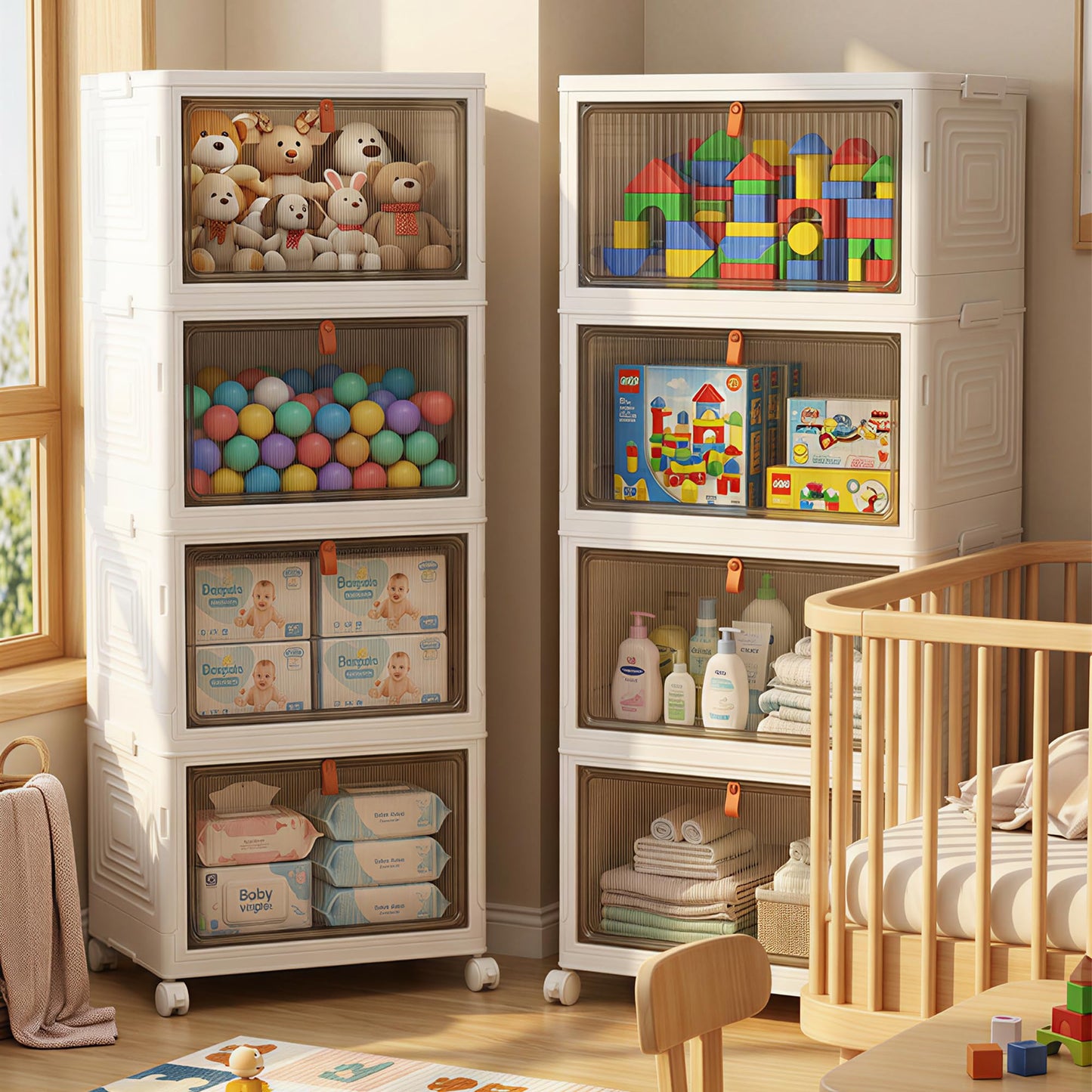 LDQ 136Qt Large Storage Bins with Lids, 4 Tier Stackable Storage Cabinet with Wheels & Clear Doors, Foldable Plastic Closet Organizer for Bedroom, Bathroom & Kitchen