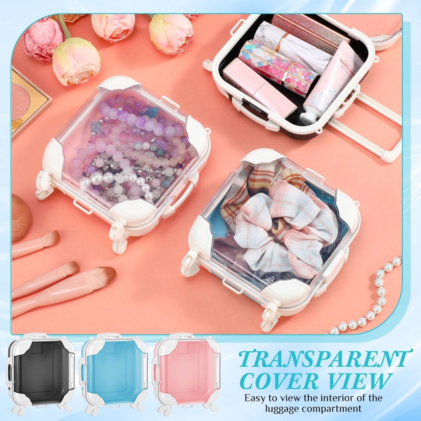 Honeydak 3 Pcs Mini Plastic Suitcase False Eyelashes Tray Luggage Trolley Candy Box Clear Suitcase Packaging Party Favor Box for Jewelry Cosmetic Hairpins Storage (Mixing Color,5.3 x 2 x 4.7 Inches)