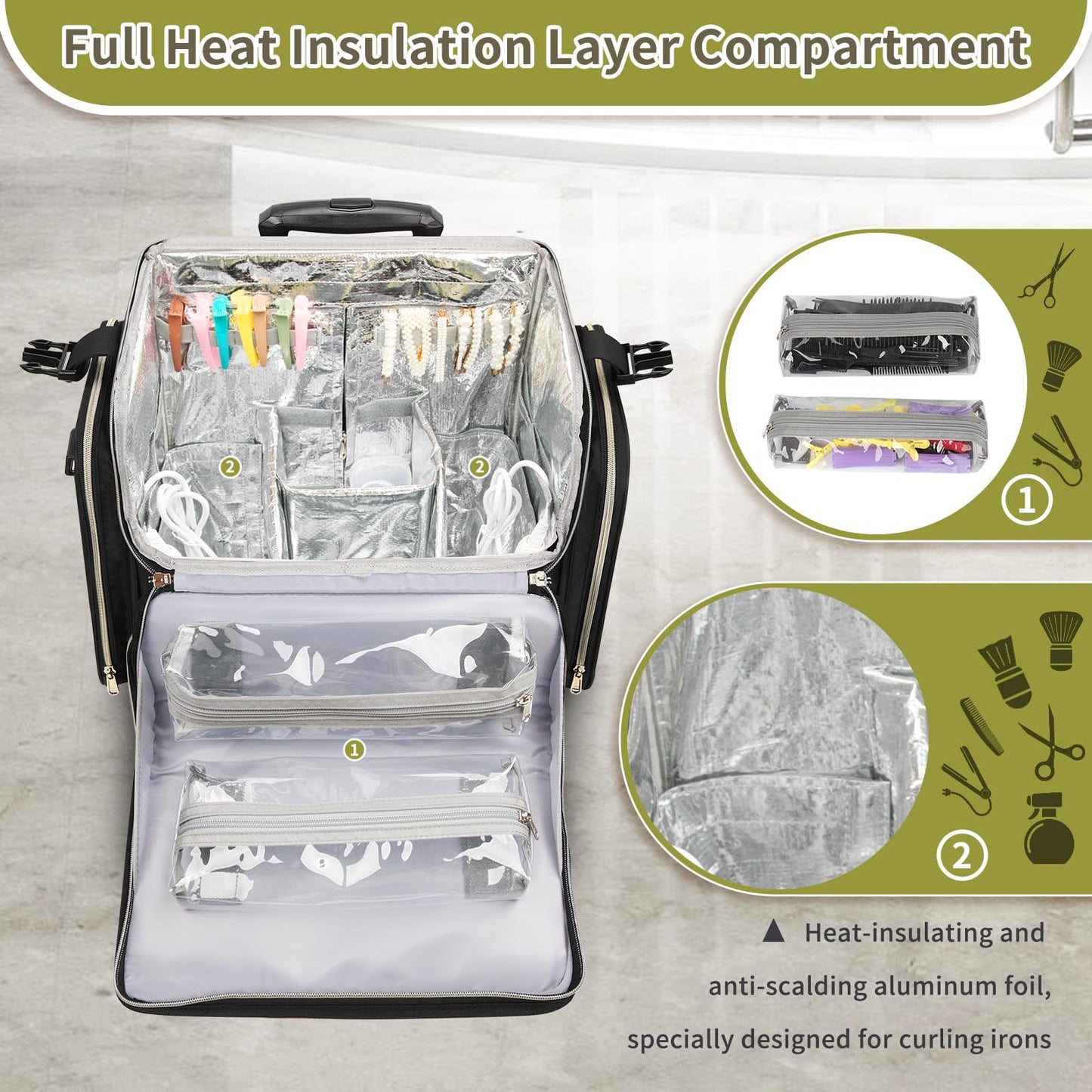 OCHEAL Hairstylist Traveling Case with 4 Clear Travel Makeup Bags Set, Cosmetic Makeup Trolley Train Case Hairdresser Case with Detachable Pouch & 360° Rotatable Wheels for HairdressingTool Organizer