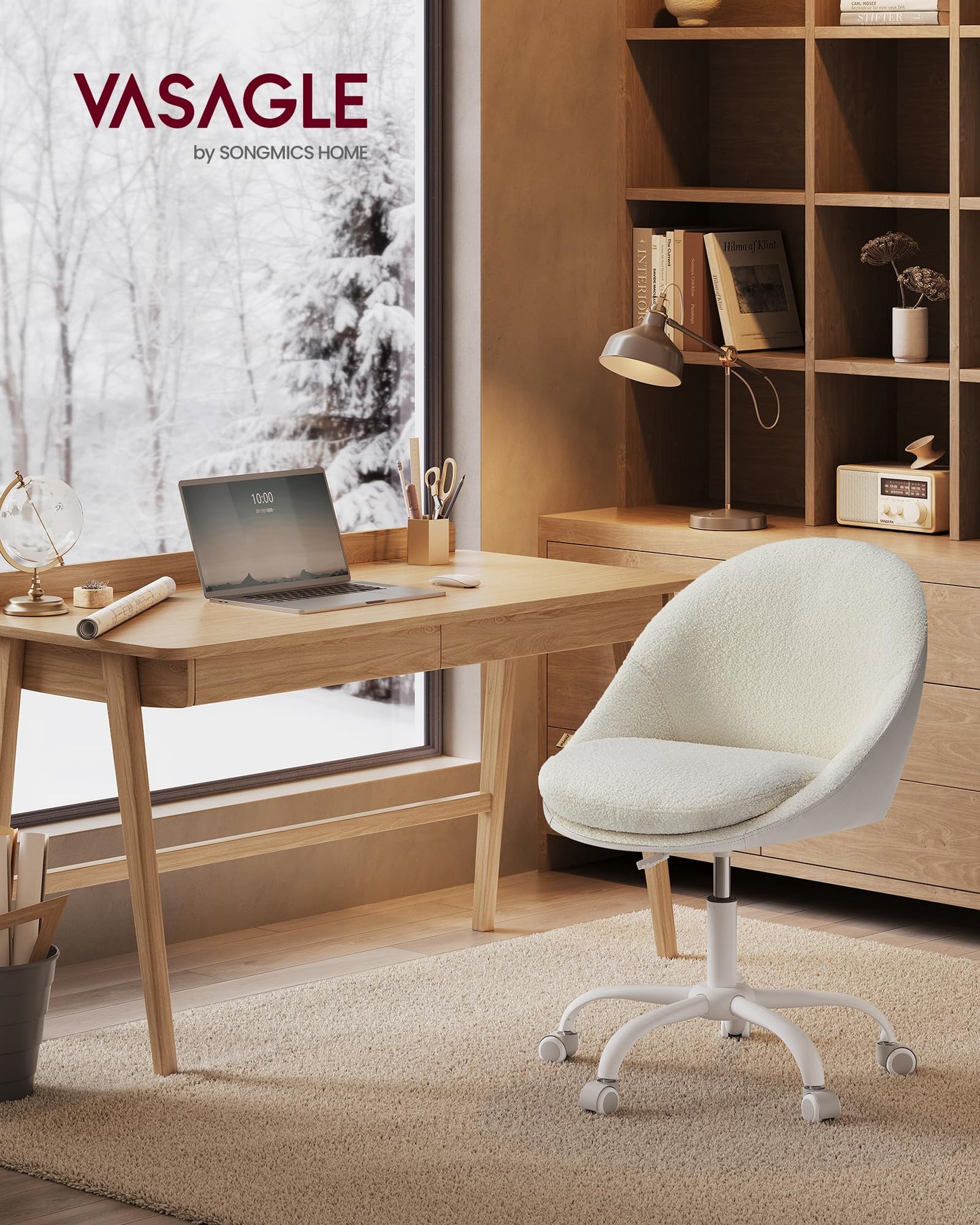 VASAGLE Vanity Chair with Back, Adjustable Swivel Cute Desk Chair with Wheels, Sherpa and PU Leather for Lumbar Support, Compact for Small Spaces, Bedroom, Cappuccino Beige and Cloud White UOBG020W91