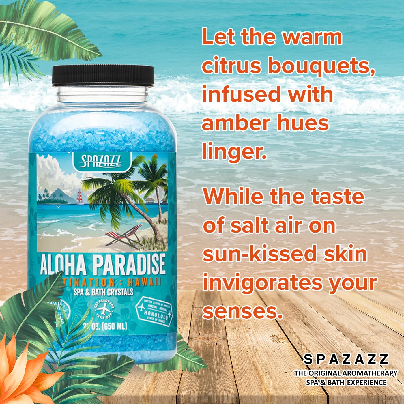 Spazazz Destinations - Hawaii - Aloha Paradise - Natural Spa & Bath Salt Aromatherapy Crystals 22oz -Skin Softener - Safe For Your Hot Tub & Kids