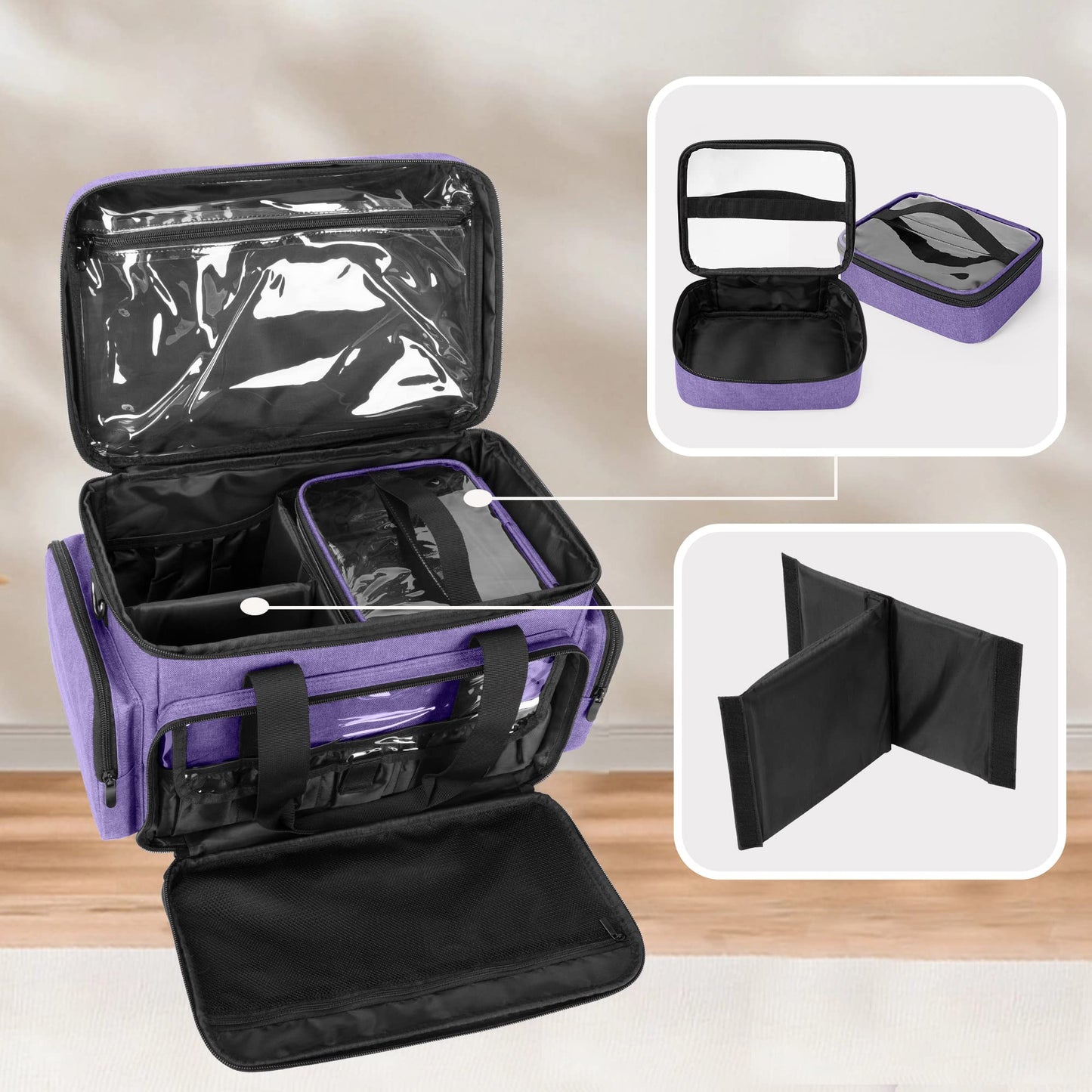 BAFASO Large Makeup Bag with 2 Removable Pouches and Detachable Dividers, Multifunctional Toiletry Bag Cosmetic Bag to Keep Makeup and Hair Supplies (Patent Pending), Purple