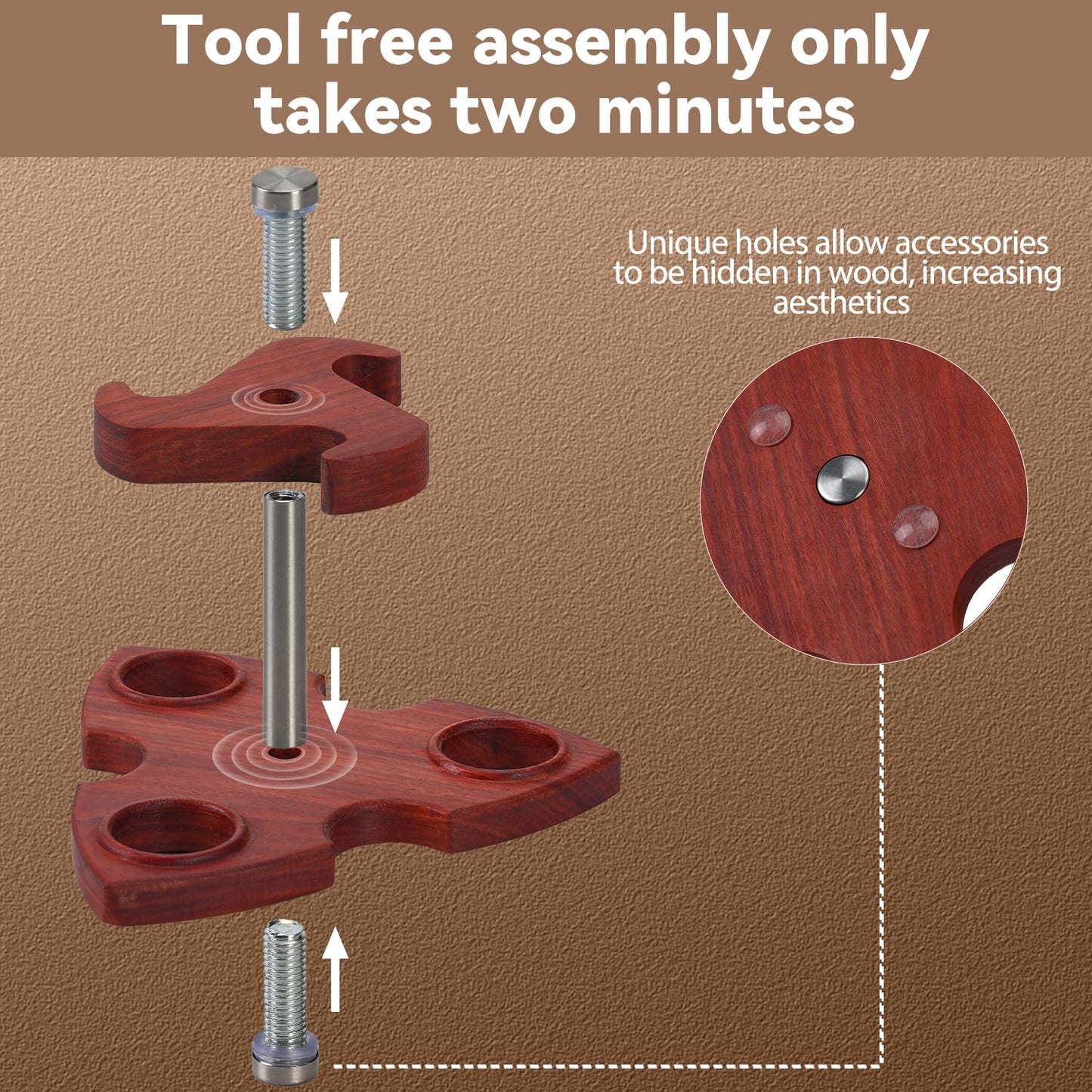 Solid Natural Rosewood Tobacco Smoking Pipe Stand Holder for 3 Pipes, 3 Slots Embossed Circular Slot, Non-Slip Rubber Feet, Easy Tool-Free Assembly, Ergonomic Shape Tabletop Display Rack for Pipe Smoker Collector Storage