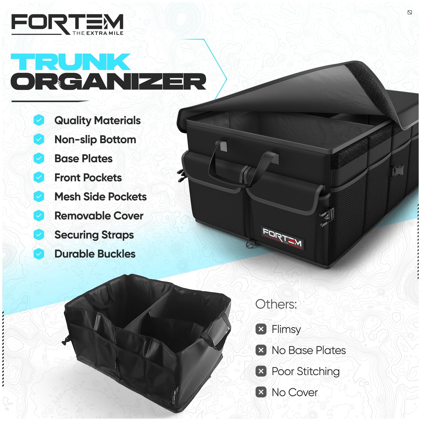 FORTEM Trunk Organizer For SUV Car Trunk Organizer, Foldable Storage, Car Accessories for Women Men, Collapsible Bag, 600D Oxford, Non Slip Bottom, Straps, Soft Cover (50L)