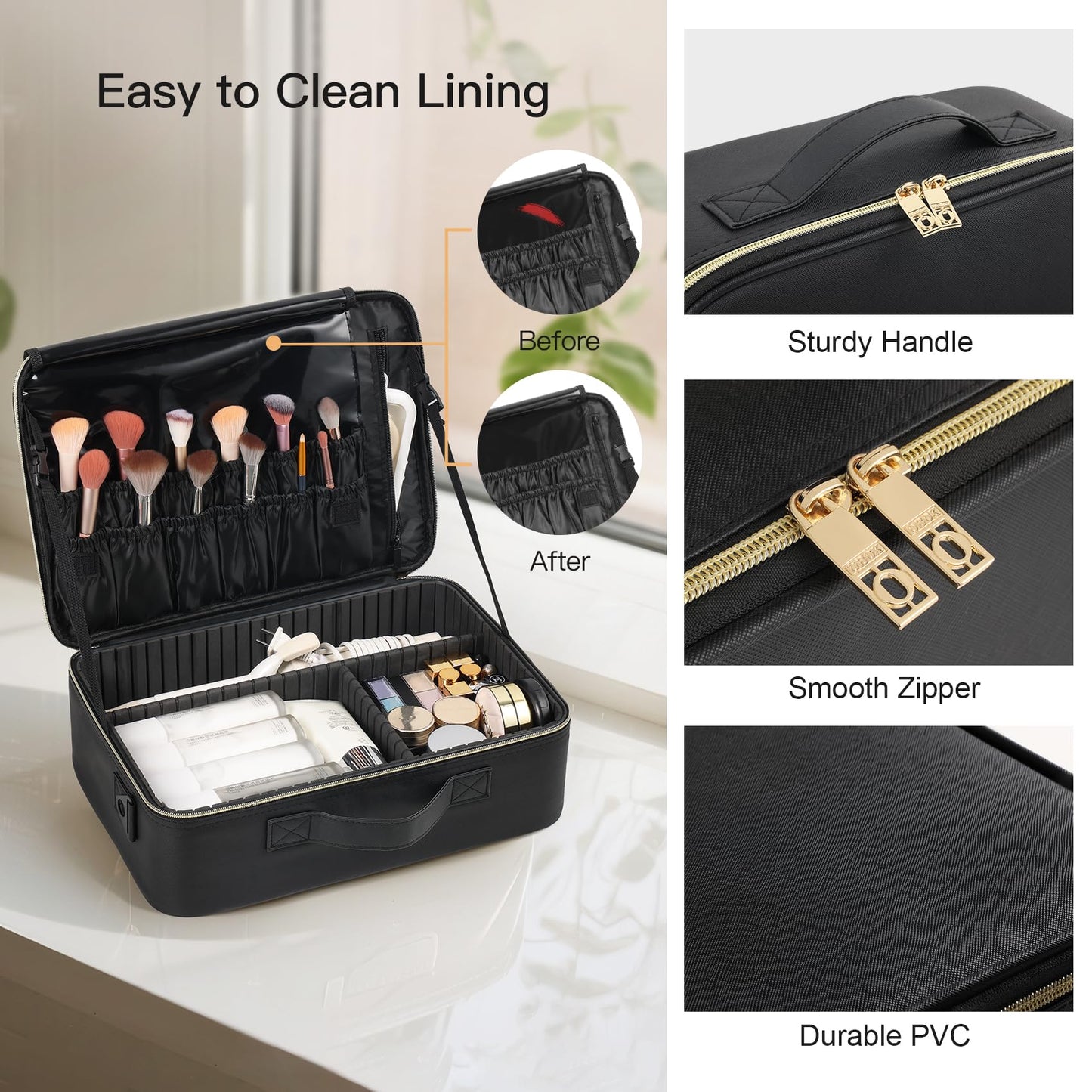 Makeup Travel Case, 16 Inch Makeup Artist Bag with Compartment and Dividers, Portable Cosmetic Bag for Women with Brush Storage Sturdy Dual Zip Closure, Waterproof, Durable, Gift for Her, Black