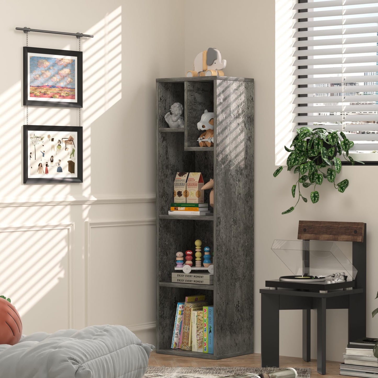 VECELO 4-Tier Bookcase, Modern Storage Cabinet with Height Difference Shelves for Standard Textbooks, 5 Cubes, Vertical or Horizontal, Easy Assembly, Grey