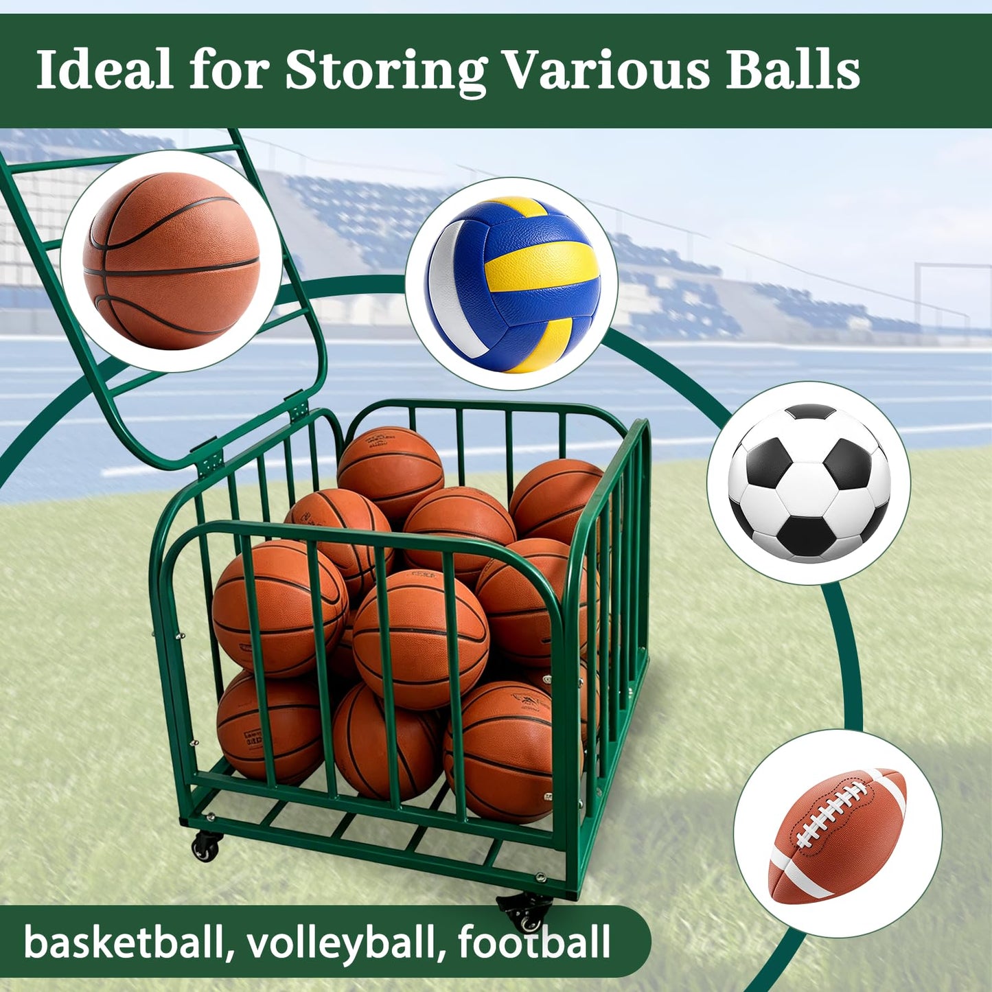 LCKJZYL Ball Storage Cart Holds 30 Balls, Basketball or Volleyball Storage Bin with Wheels, Durable Rolling Exercise Ball Cart Holder, Basketball Holder Cage for Indoor and Outdoor, Gym, School, Club