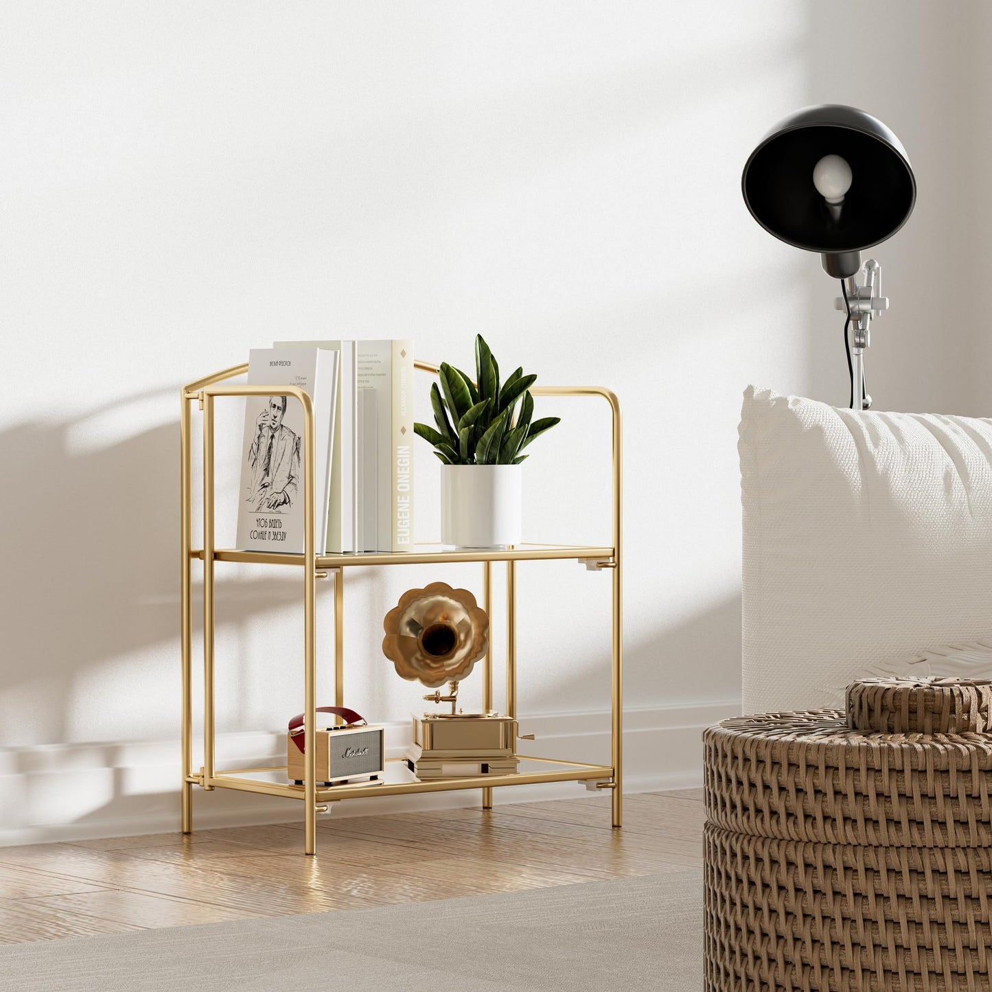 Crofy 2-Tier Foldable Bookshelf, Gold Frame & Transparent Shelves