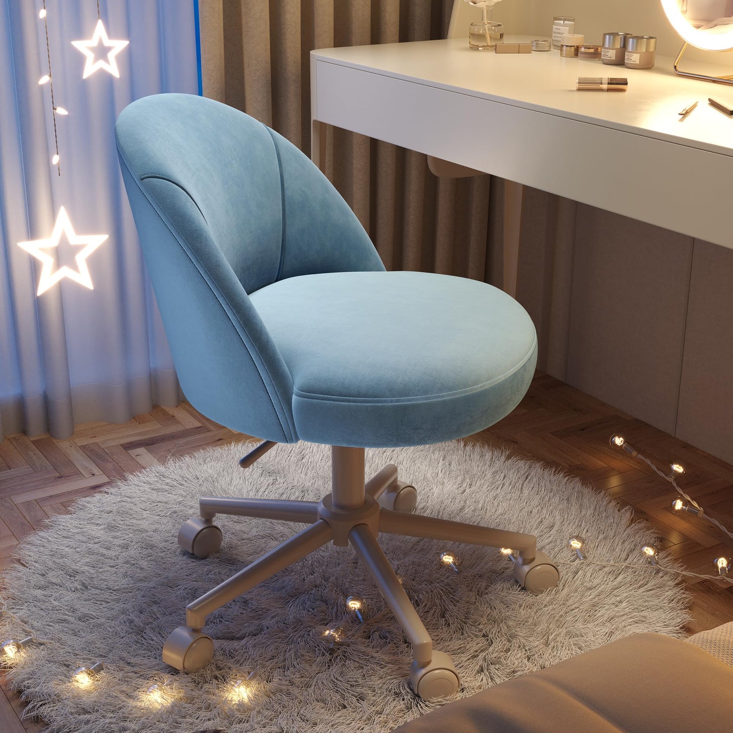 EnHomee Velvet Vanity Chair with Wheels, Armless, Height Adjustable, Blue