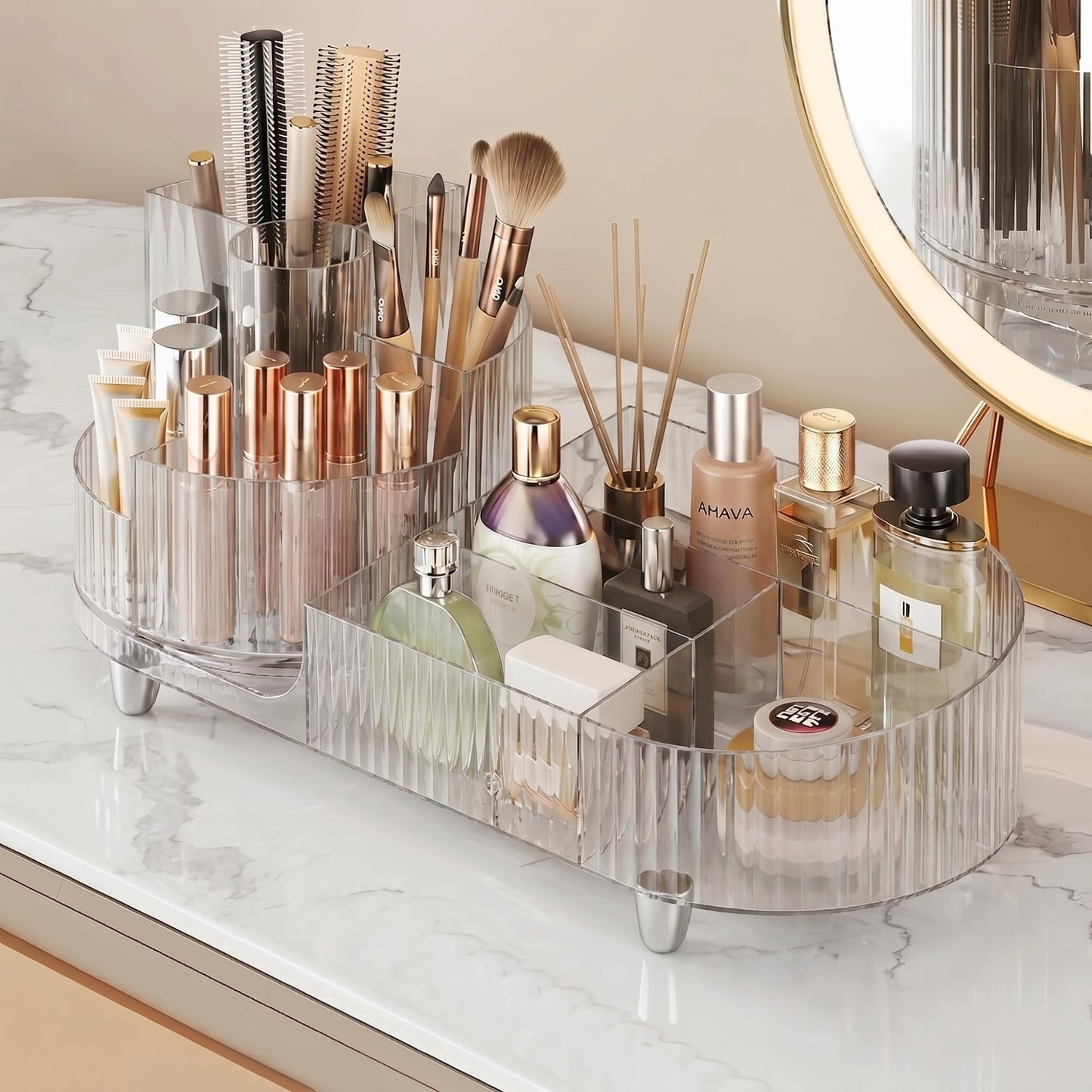 Booklov Rotating Makeup Organizer for Vanity, Large Capacity Cosmetic Display Case, Clear Acrylic Countertop Beauty Storage Holder for Skincare, Brush Eyeshadow Lipstick, Counter Desk, Crystal Clear