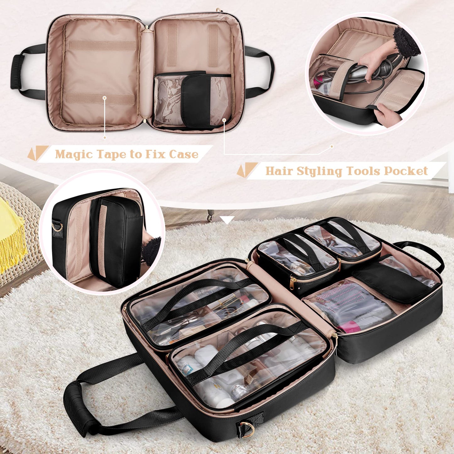 Prokva Professional Makeup Artist Travel Case with 4 Detachable Cosmetic Bags, Large Make up Organizer Bag with Makeup Kit Storage Section and Hair Tools Pocket, Black (Empty Bag Only)
