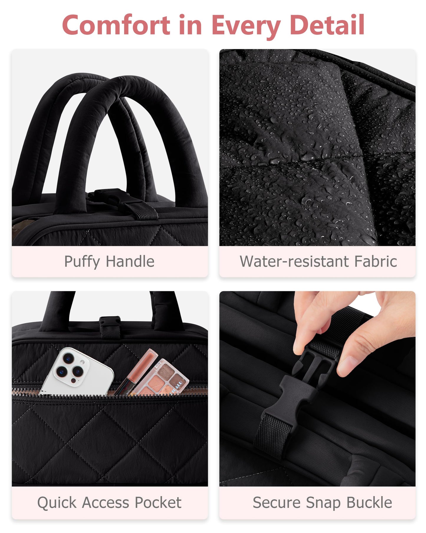 Marscamd Travel Toiletry Bag for Women with Hanging Hook, Puffy Makeup Organizer with Brushes Slots for Bathroom, Shower and Beauty Essentials, Black