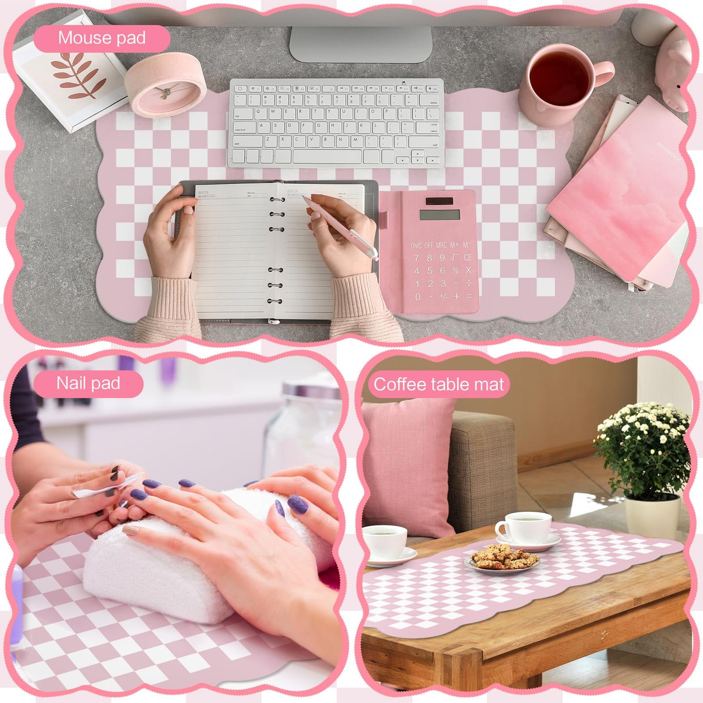 Nuanchu Pink Checkered Make up Mat, Pastel Vanity Makeup Pad Dual Sided Make up Mat for Vanity Easy to Clean Makeup Pad Waterproof and Oilproof(Scalloped)