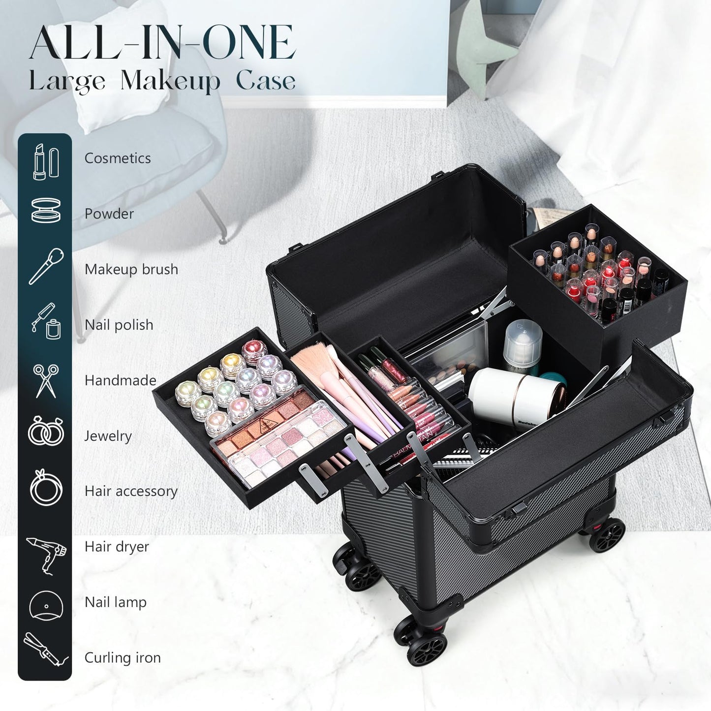 Mecucasi Rolling Makeup Case, Cosmetology Case on Wheels Professional Vanity Case with Trays for Women Large Travel Makeup Box Organizer Trolley with Key, Ashy Grey