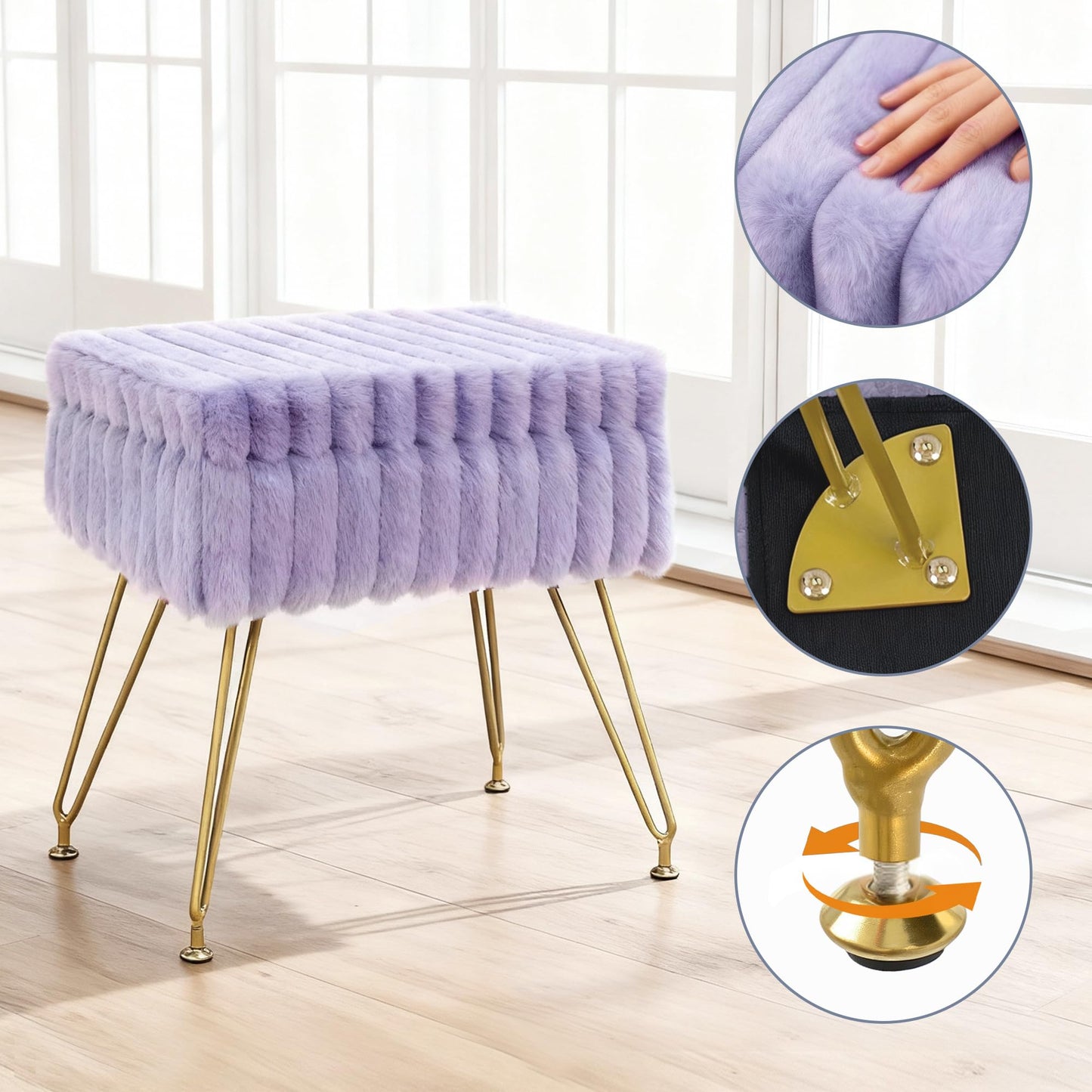 xupersodys Vanity Stool Chair with Storage, Faux Fur Soft Padded Ottoman with Coffee Table, Modern Vanity Chair Fluffy Footstool with Metal Legs for Makeup, Living Room,Bedroom Purple