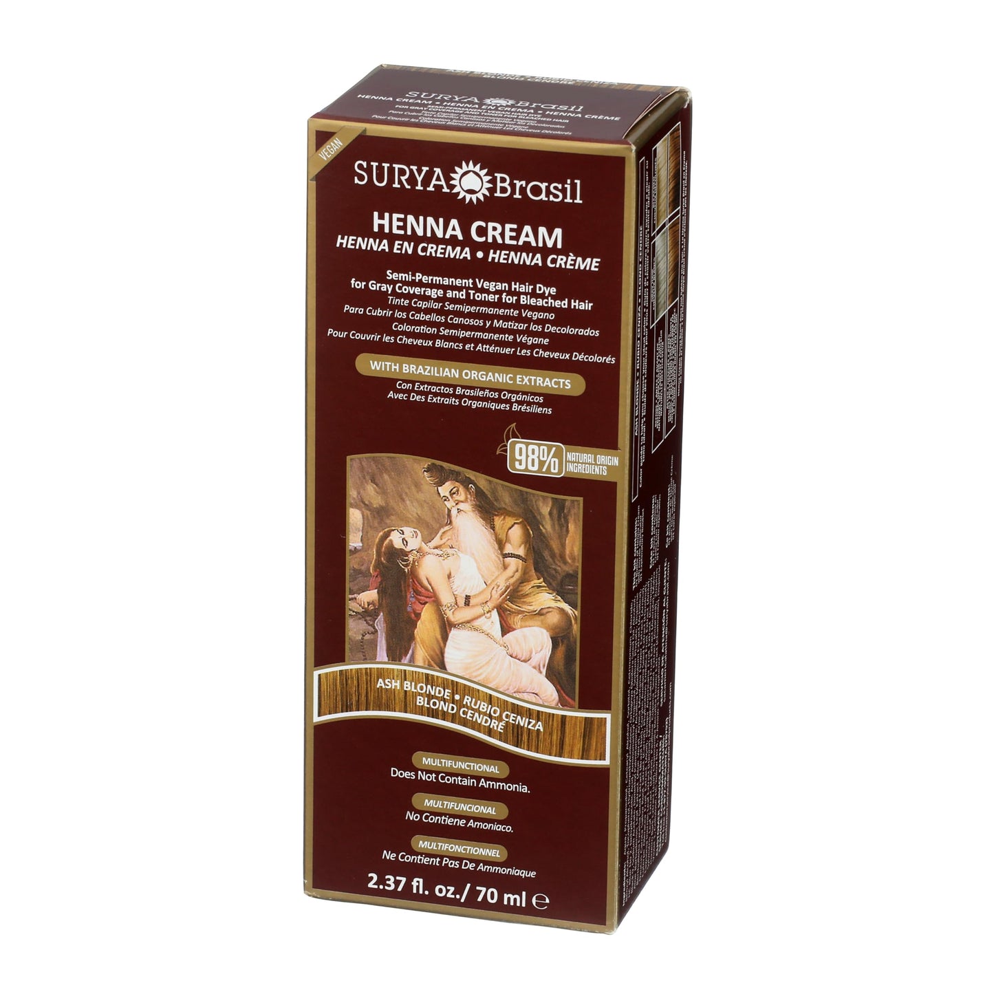 Surya Brasil Henna Cream Ash Blonde - 98% Natural Ingredients, Vegan, Cruelty-Free, Eco-Friendly, Semi-Permanent Hair Color, Deep Hydration & Shine, 2.37 oz