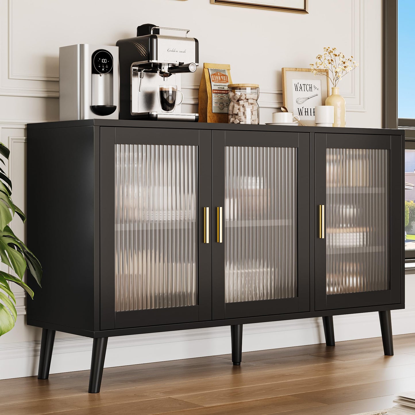 Reljofum Buffet Cabinet with Storage, 48" Large Sideboard Cabinet with 3 Fluted Glass Doors, Black Cabinet for Kitchen, Dinning Room, Hallway, Living Room
