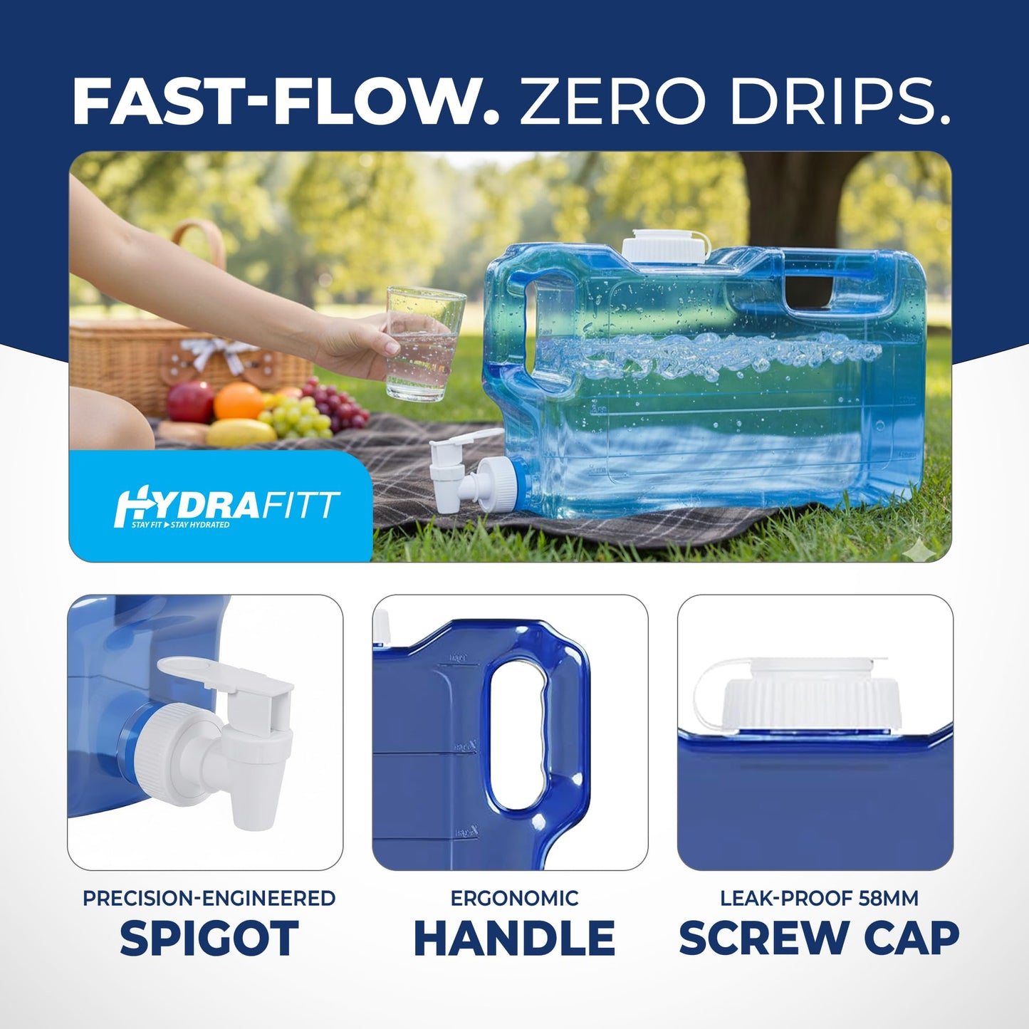 HydraFitt Refrigerator Water Dispenser 1.1 Gallon – Leak-Proof Slim Fridge Water Container with Spigot – BPA-Free Refillable Water Jug (Dark Blue)