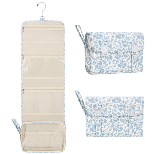 Hanging Toiletry Bag, Travel Toiletries Bag with Hanging Hook, Water Resistant Makeup Cosmetic Organizer for Full Sized Container, Shampoo, Portable Wash Bag for Travel Size Essentials - Blue Flower