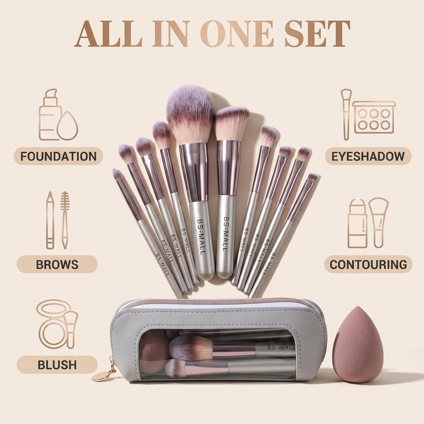 Travel Makeup Brush Set BS-MALL14 PCS Professional Makeup Brushes with Case & Sponge for Foundation, Concealer, Powder, Blush & Eyeshadow, Soft Synthetic Brush Kit for Women, Beginners & Travelers