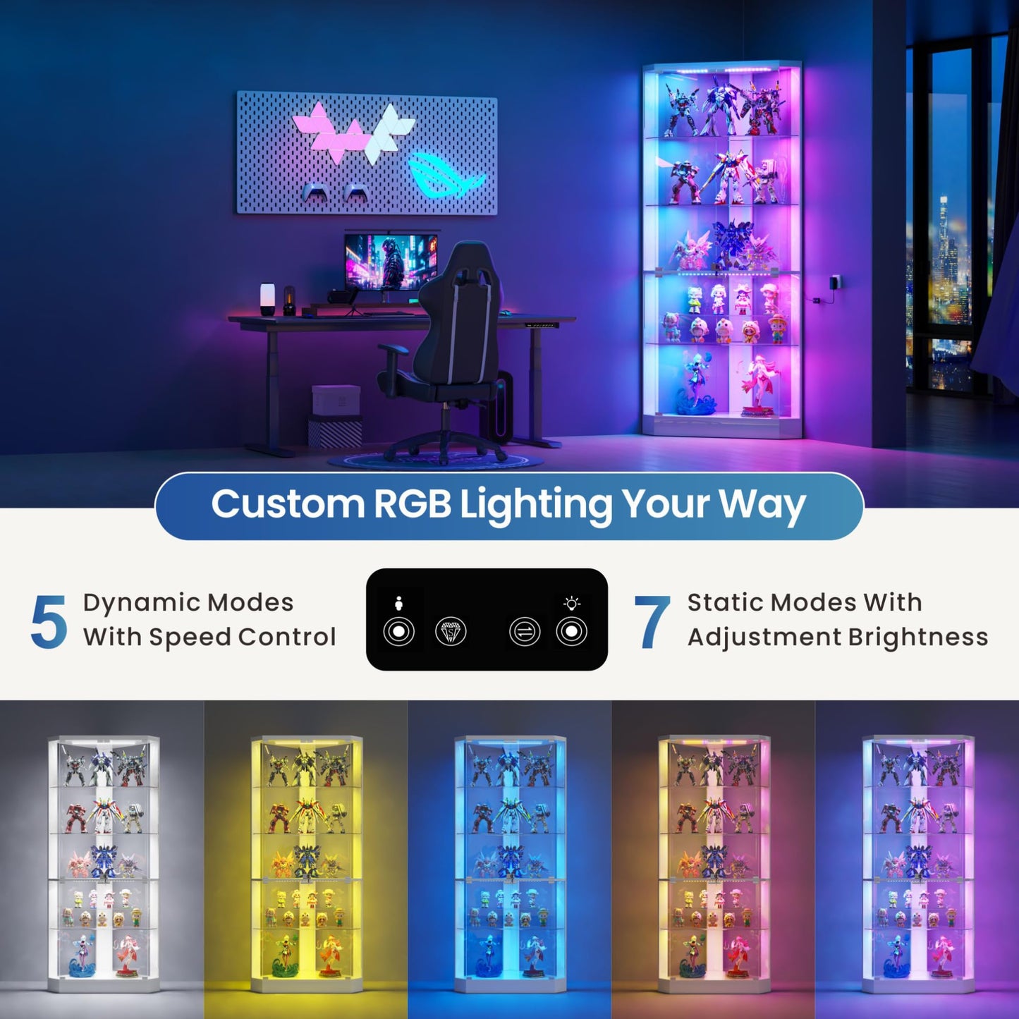 HNEBC Corner Display Cabinet with - RGB Lights and Glass Shelves,5-Tier Showcase Display Case with Glass Doors & Human Body Sensor,69" Corner Curio Cabinet for Collectibles/Toys,Storage Cabinet（White）